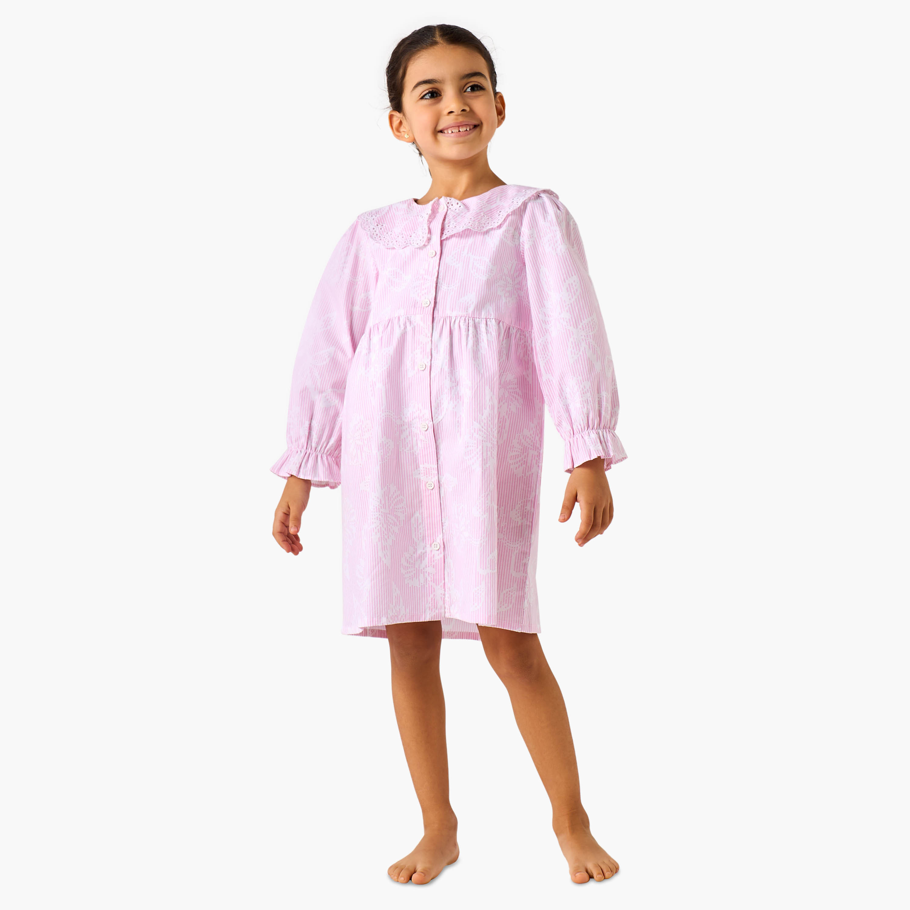 Juniors Cotton Peter Pan Collar Long Sleeves Night Dress with Schiffli Embroidery-girls-clothing-nightwear-image-2