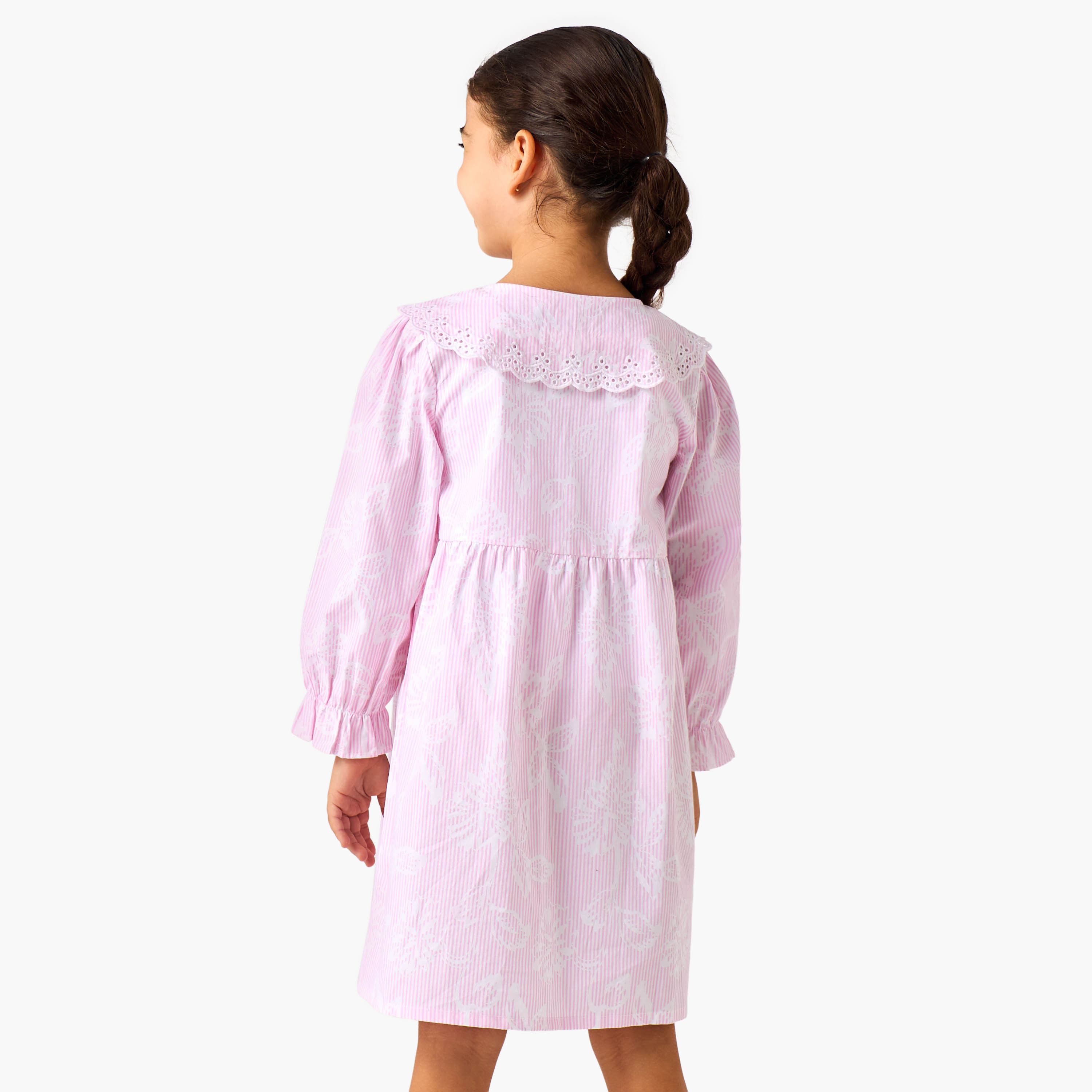 Juniors Cotton Peter Pan Collar Long Sleeves Night Dress with Schiffli Embroidery-girls-clothing-nightwear-image-3