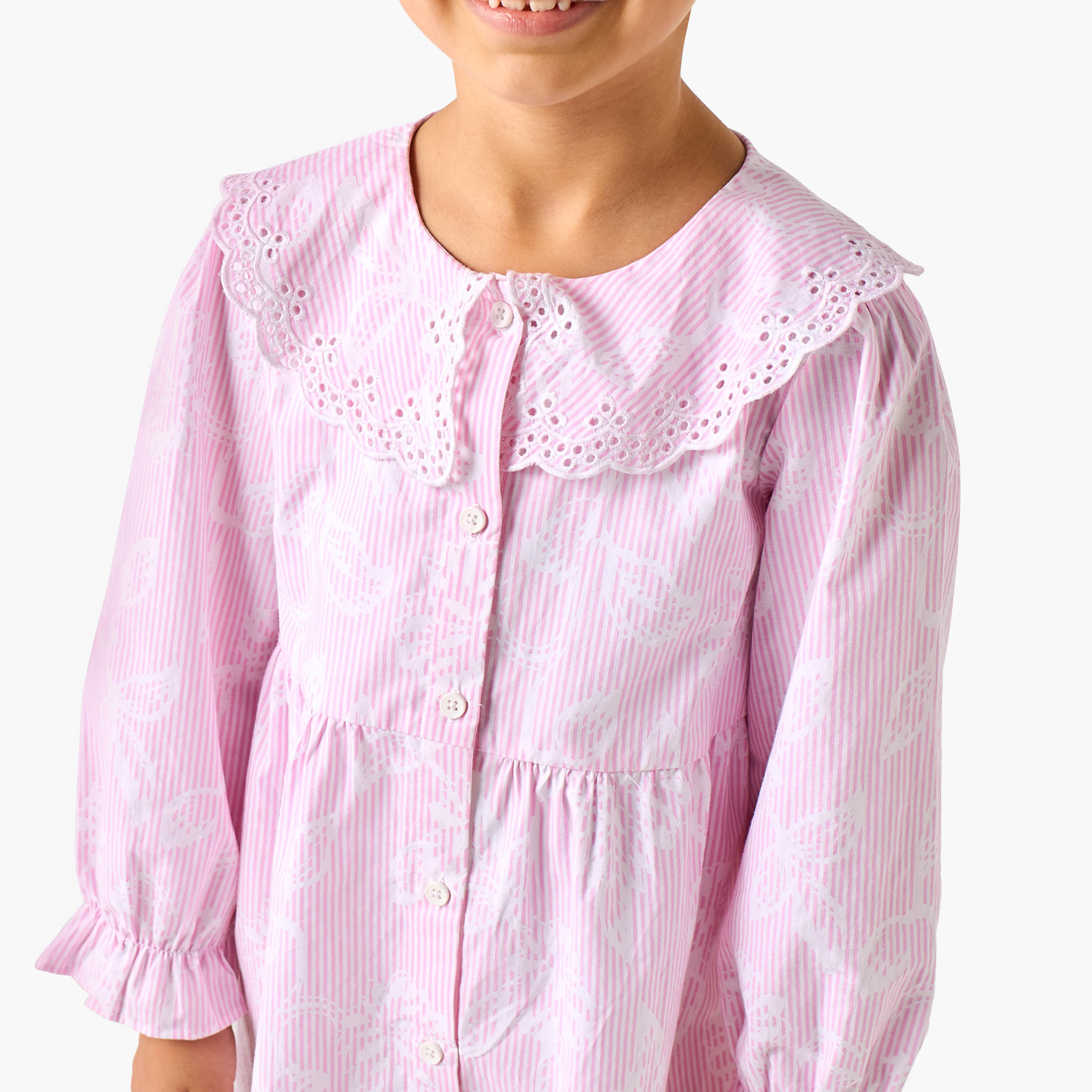 Juniors Cotton Peter Pan Collar Long Sleeves Night Dress with Schiffli Embroidery-girls-clothing-nightwear-image-4