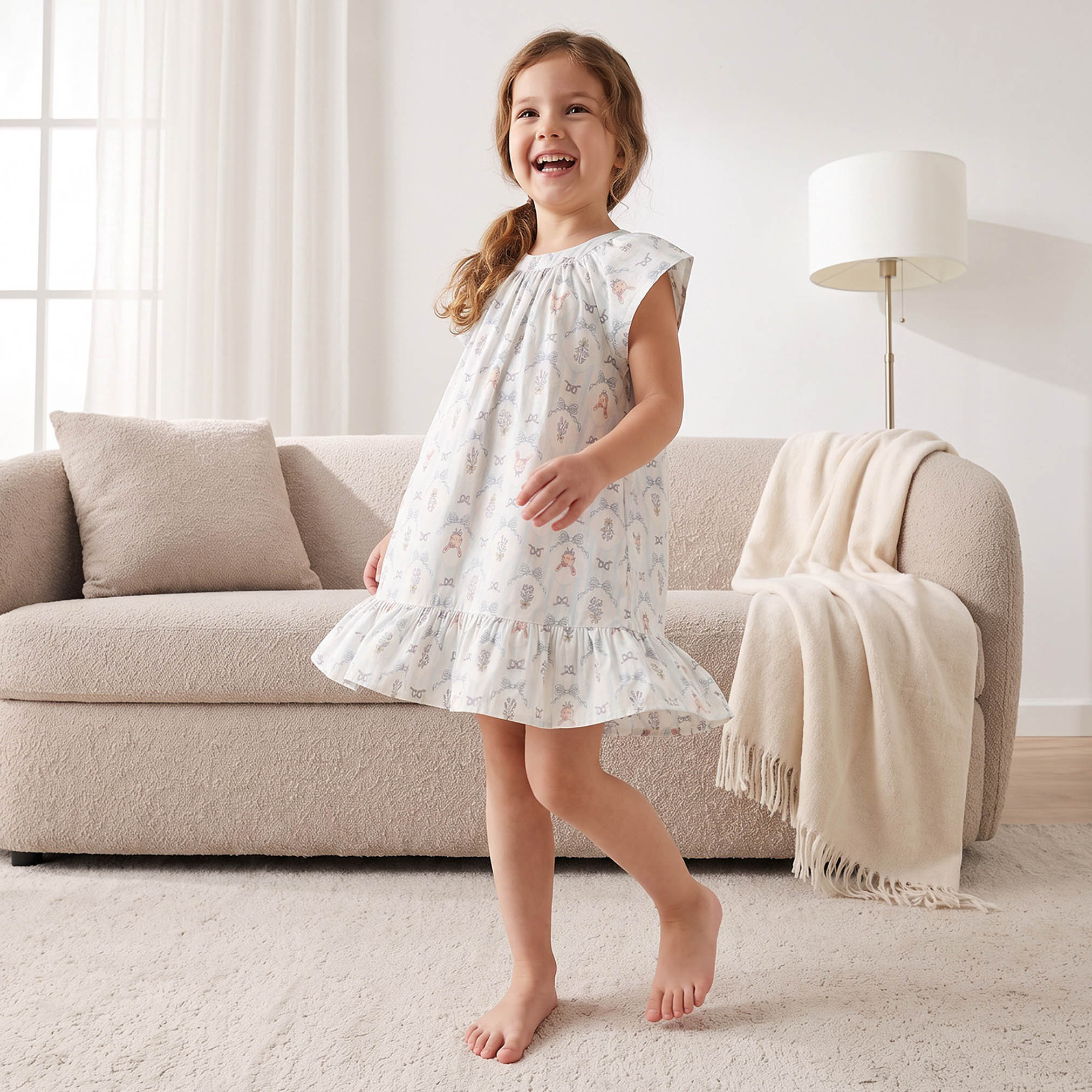 فستان نوم قطن بأكمام قصيرة ورقبة ضيقة وطبعات من جونيورز-girls-clothing-nightwear-image-1