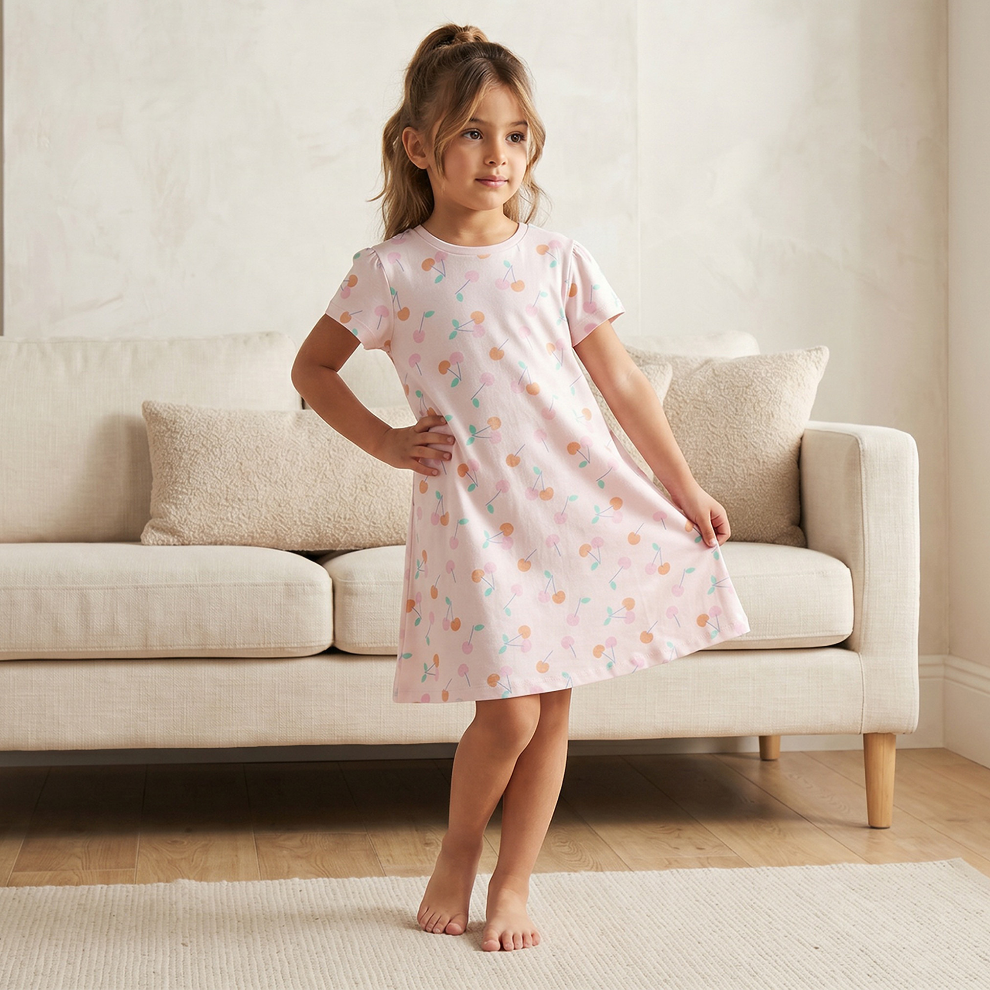 قميص نوم قطن بياقة دائرية وأكمام قصيرة بطبعة كرز من جونيورز-girls-clothing-nightwear-image-1