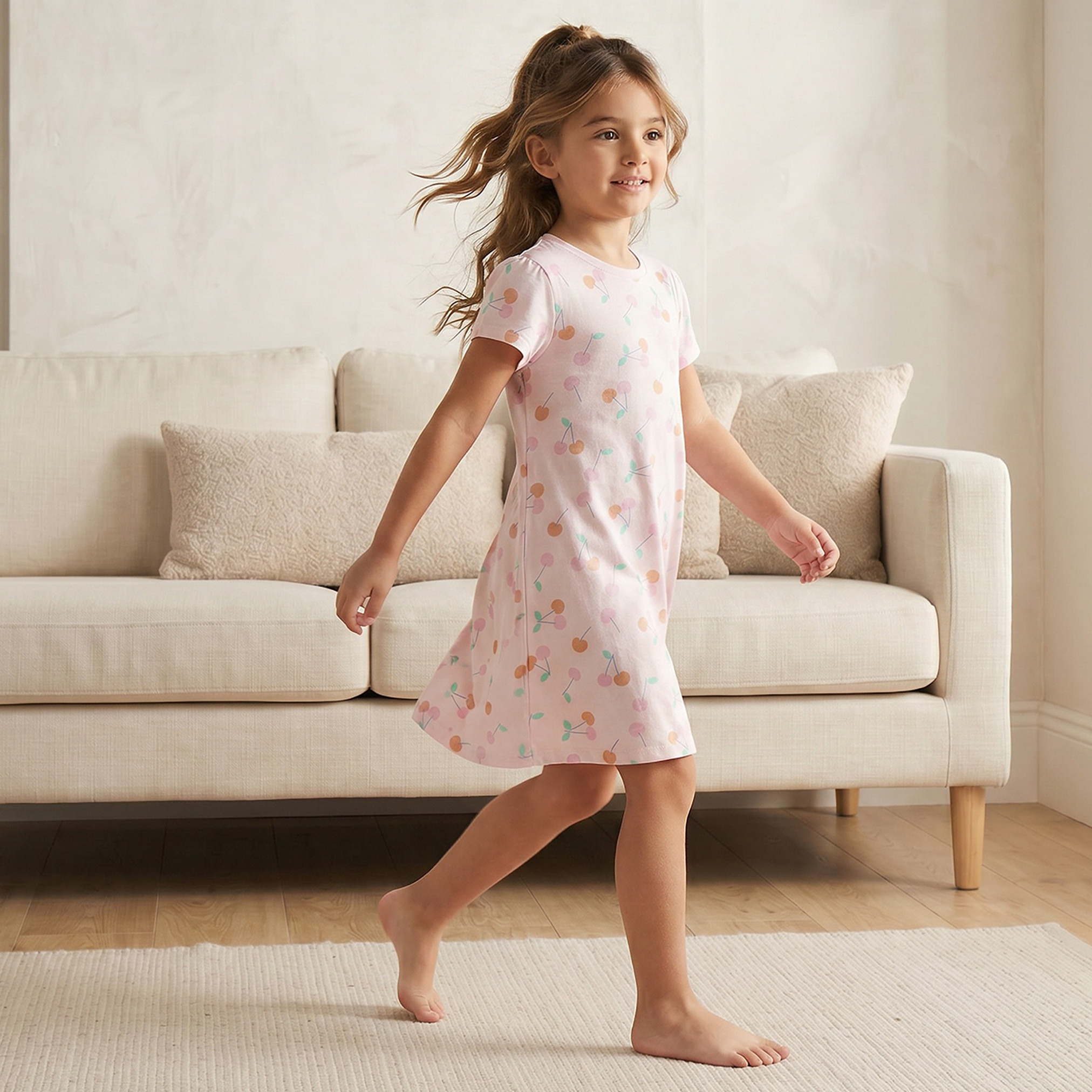 قميص نوم قطن بياقة دائرية وأكمام قصيرة بطبعة كرز من جونيورز-girls-clothing-nightwear-image-2