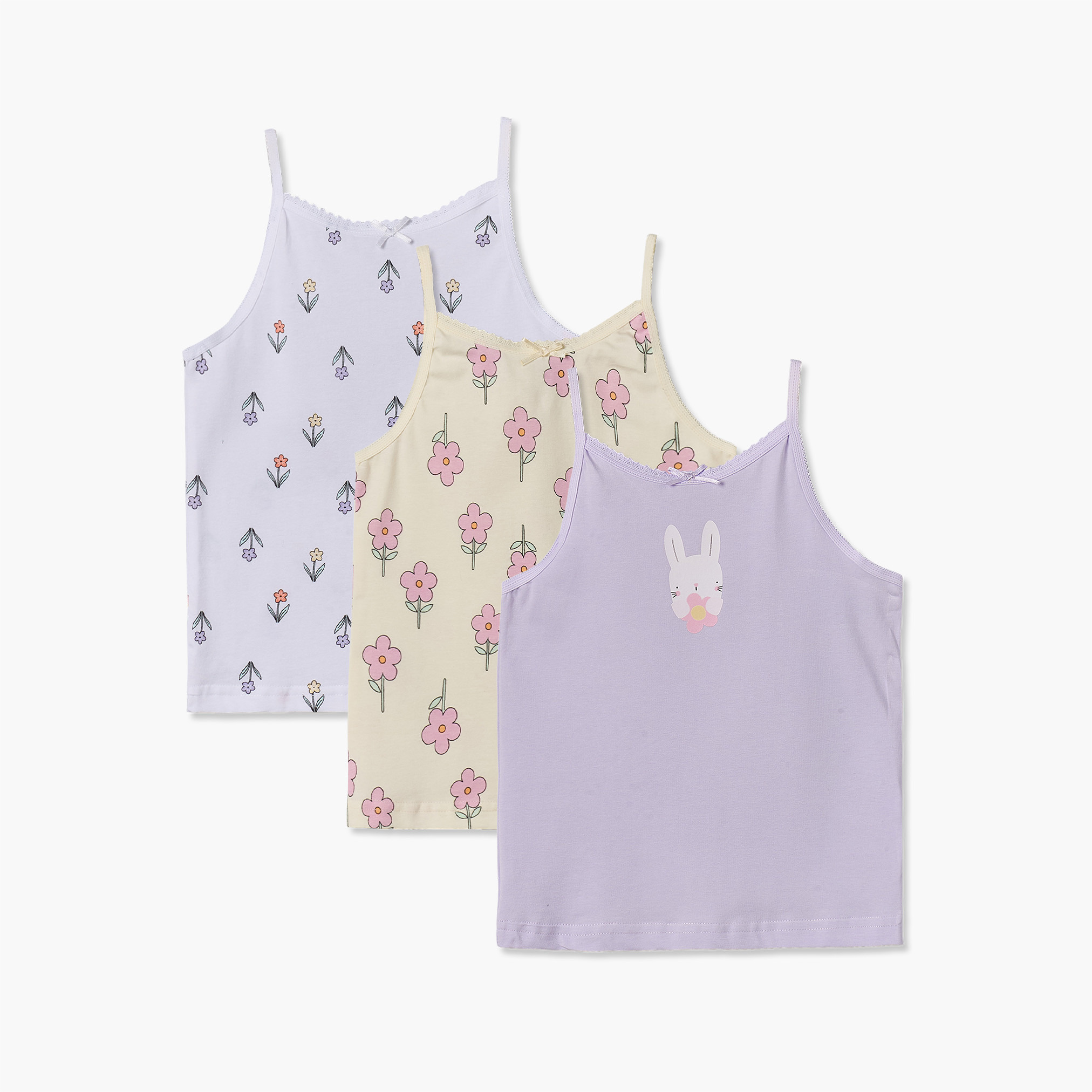 Pack of 3 Juniors Cotton Round Neck Vests with Floral Print-girls-clothing-innerwear-vests-image-1