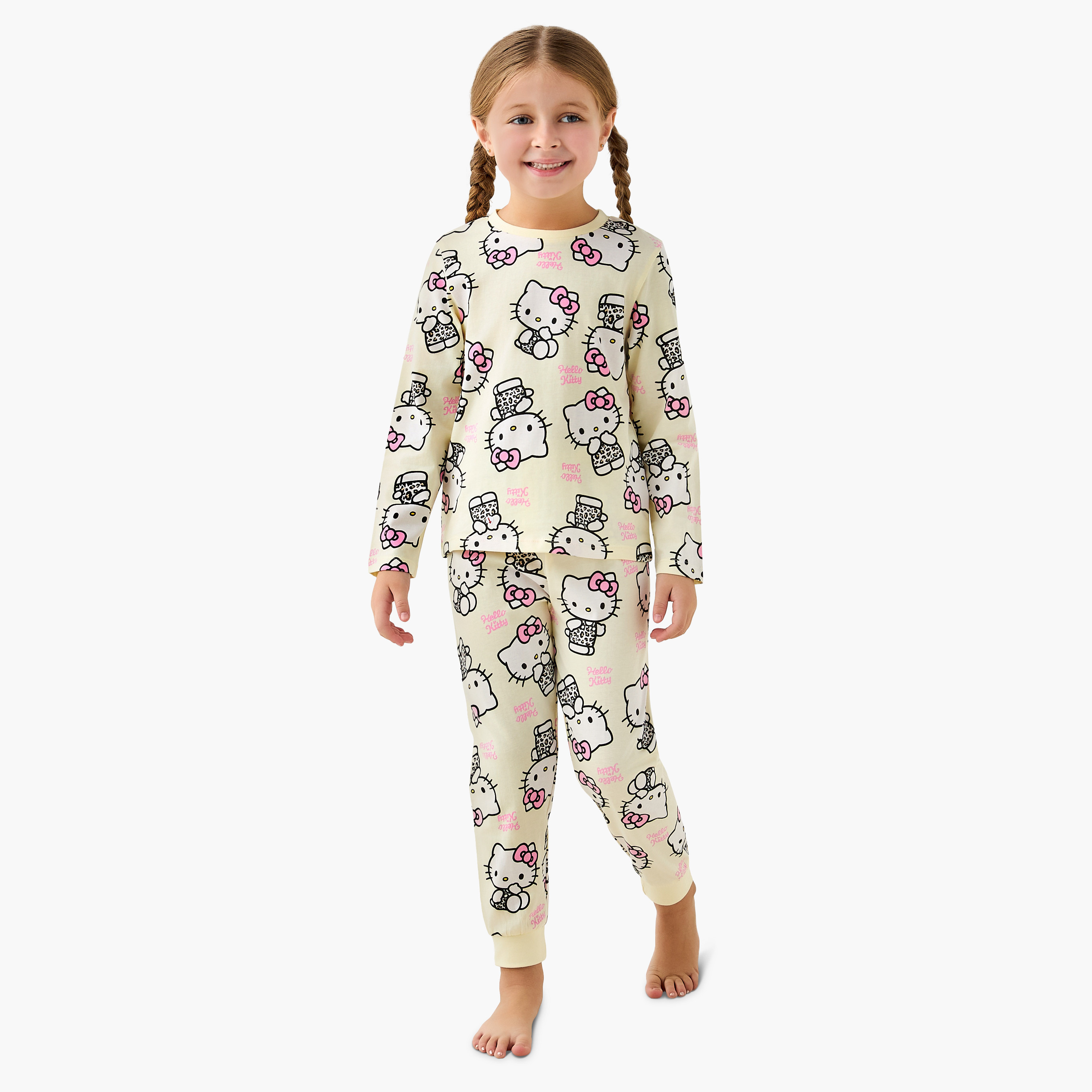 Sanrio Cotton Crew Neck Long Sleeves Pyjama Set with Hello Kitty Print-baby-girls-clothing-nightwear-pyjamasets-image-3