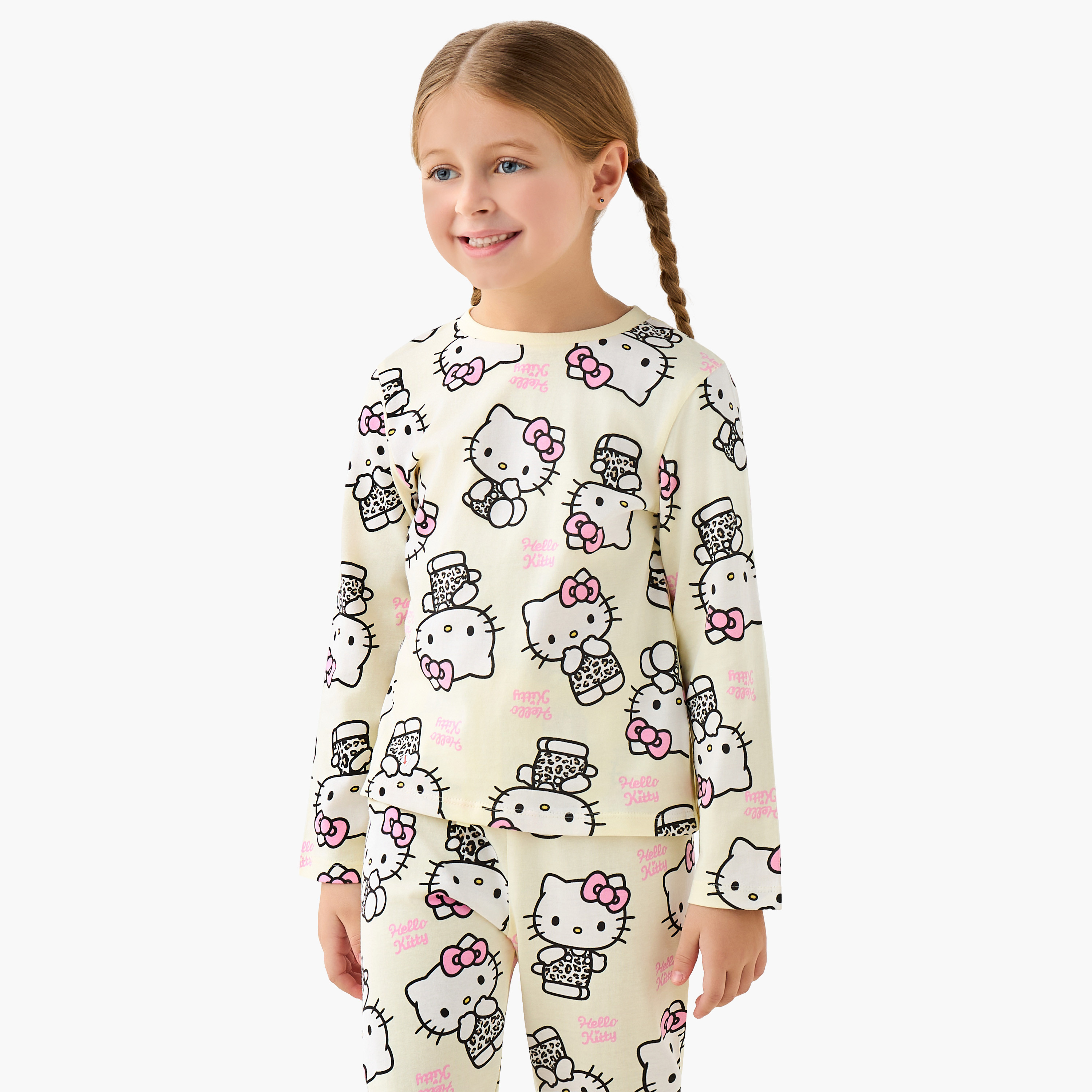 Sanrio Cotton Crew Neck Long Sleeves Pyjama Set with Hello Kitty Print-baby-girls-clothing-nightwear-pyjamasets-image-5
