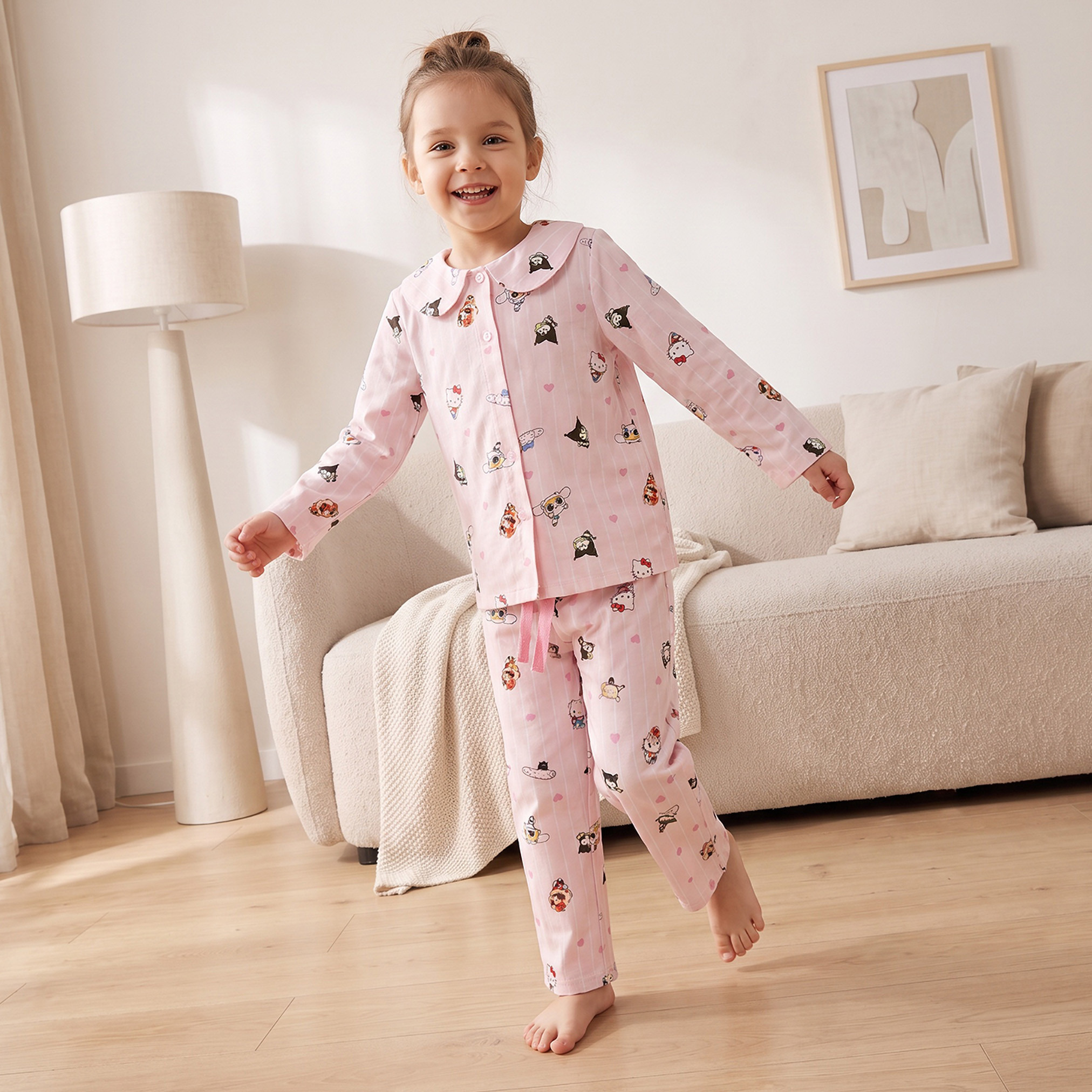 طقم بيجاما بياقة بيتر بان وأكمام طويلة وطبعات شخصيات من سانريو-girls-clothing-nightwear-image-1