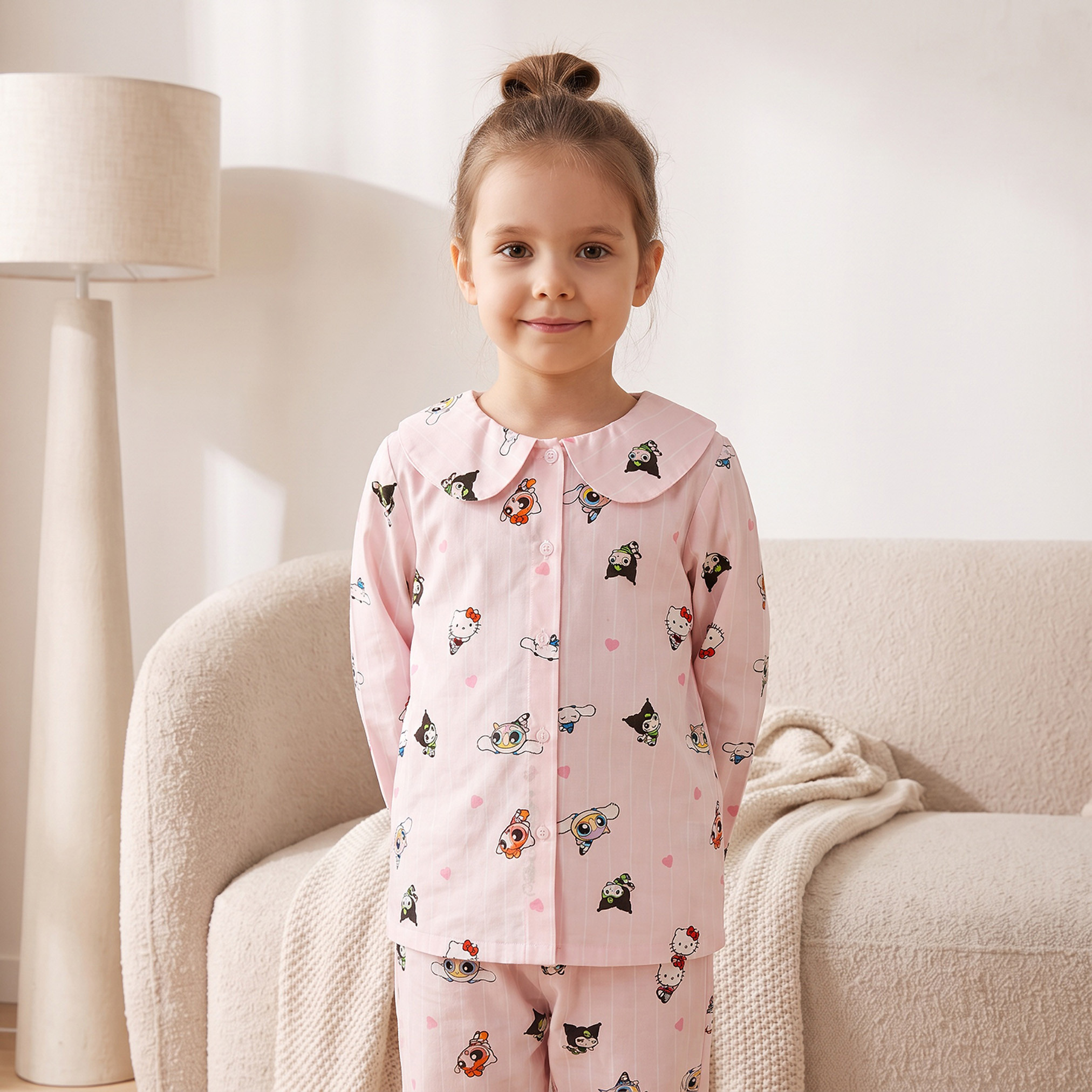 طقم بيجاما بياقة بيتر بان وأكمام طويلة وطبعات شخصيات من سانريو-girls-clothing-nightwear-image-3