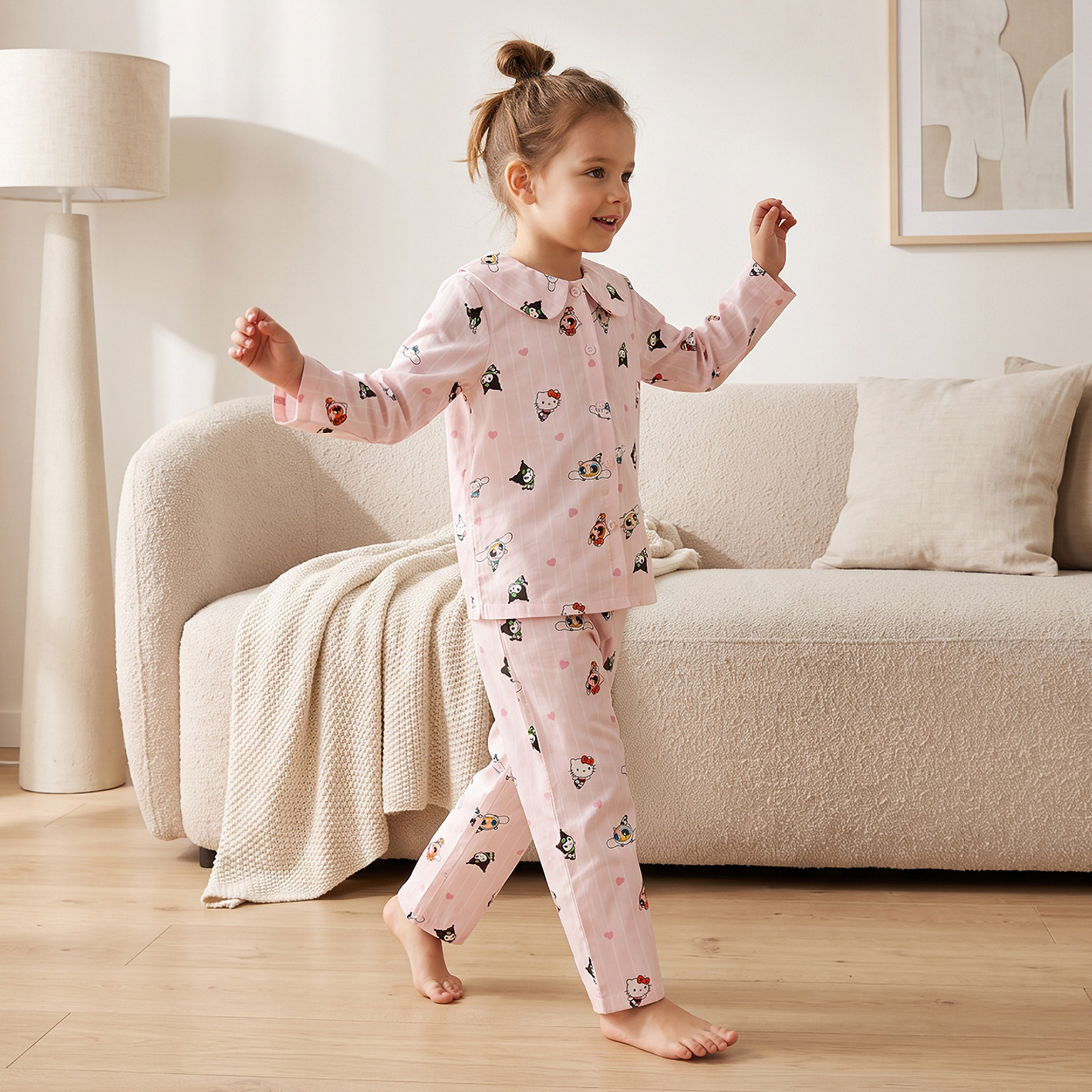 طقم بيجاما بياقة بيتر بان وأكمام طويلة وطبعات شخصيات من سانريو-girls-clothing-nightwear-image-6