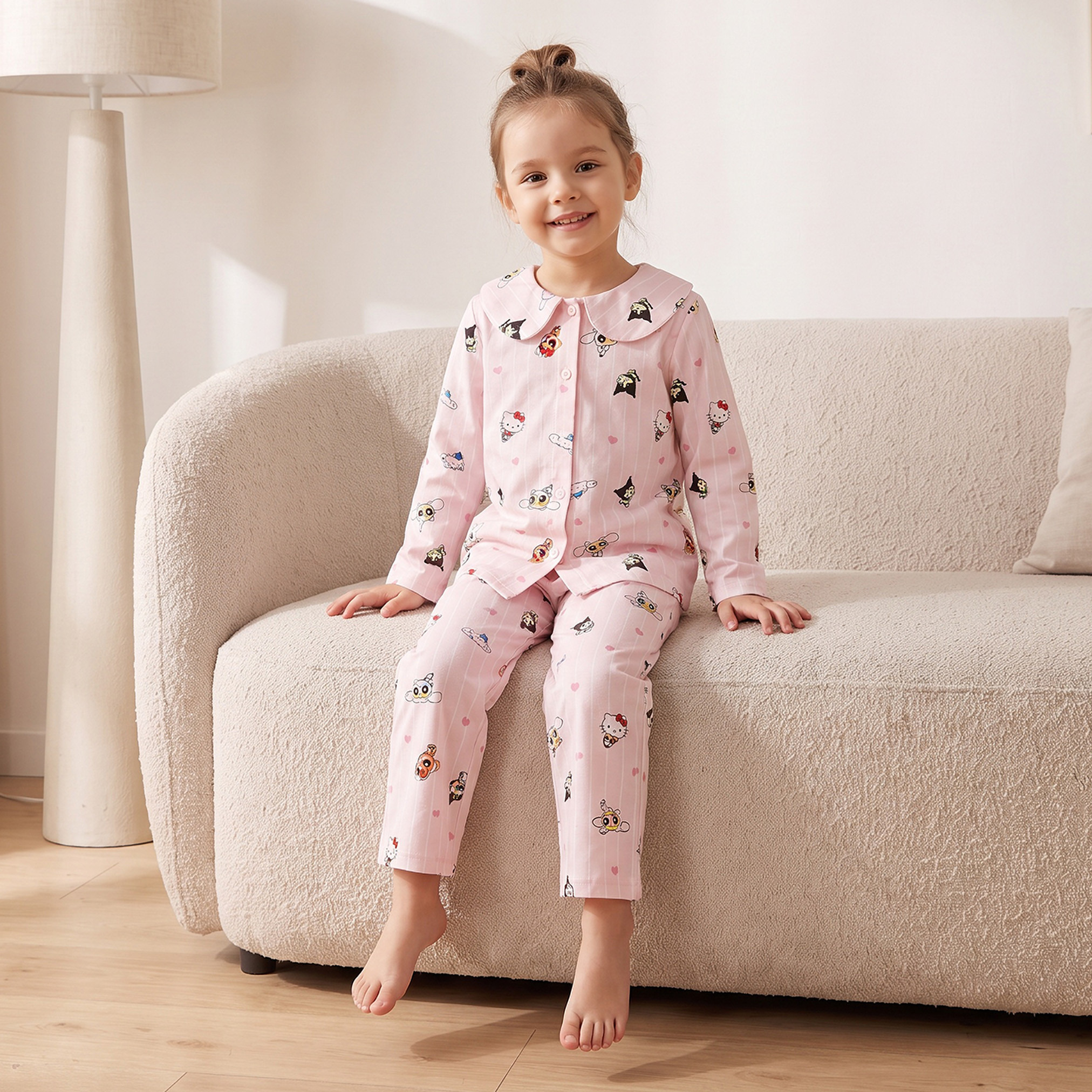 طقم بيجاما بياقة بيتر بان وأكمام طويلة وطبعات شخصيات من سانريو-girls-clothing-nightwear-image-7