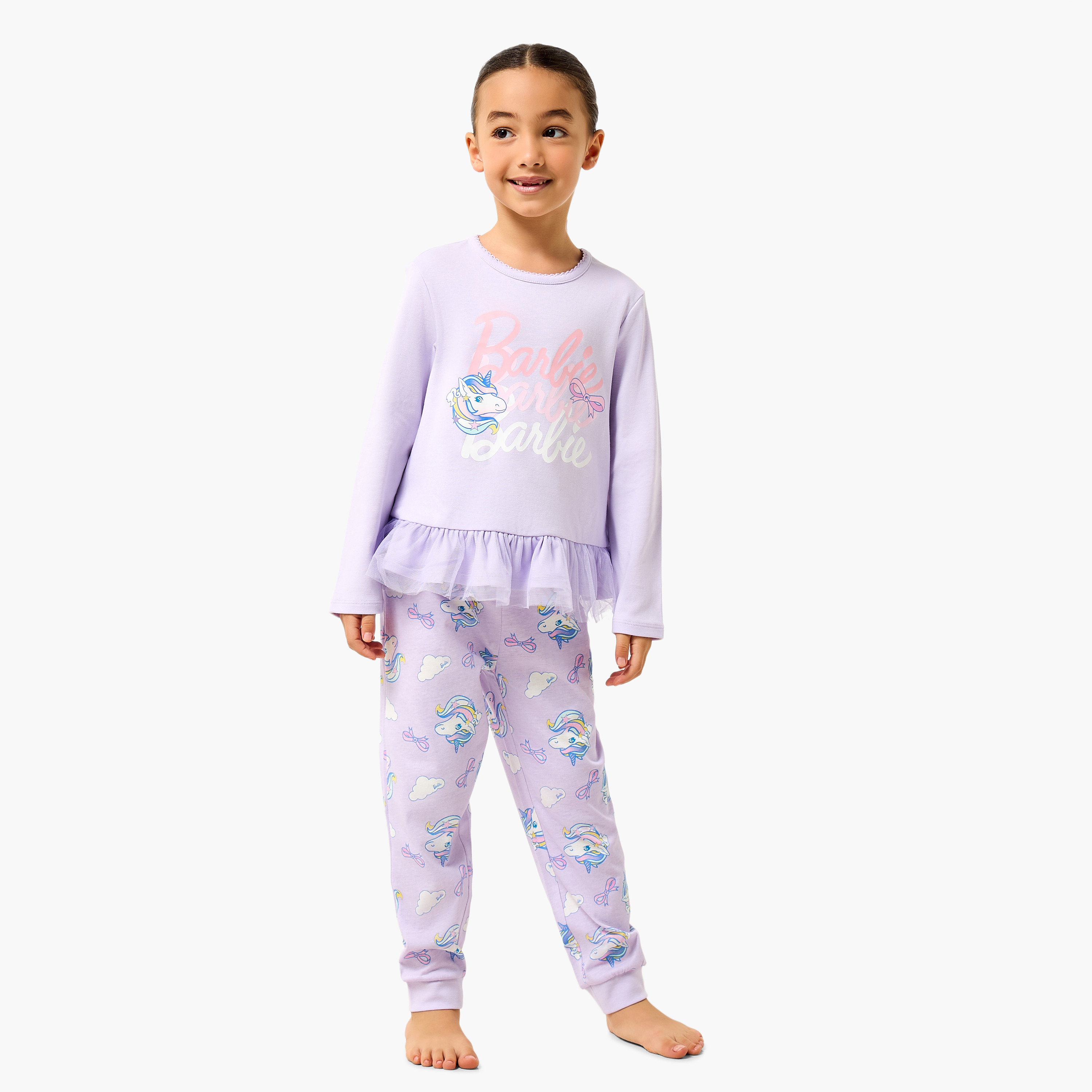 Cotton Crew Neck Long Sleeves Pyjama Set with Barbie Print-baby-girls-clothing-nightwear-pyjamasets-image-1