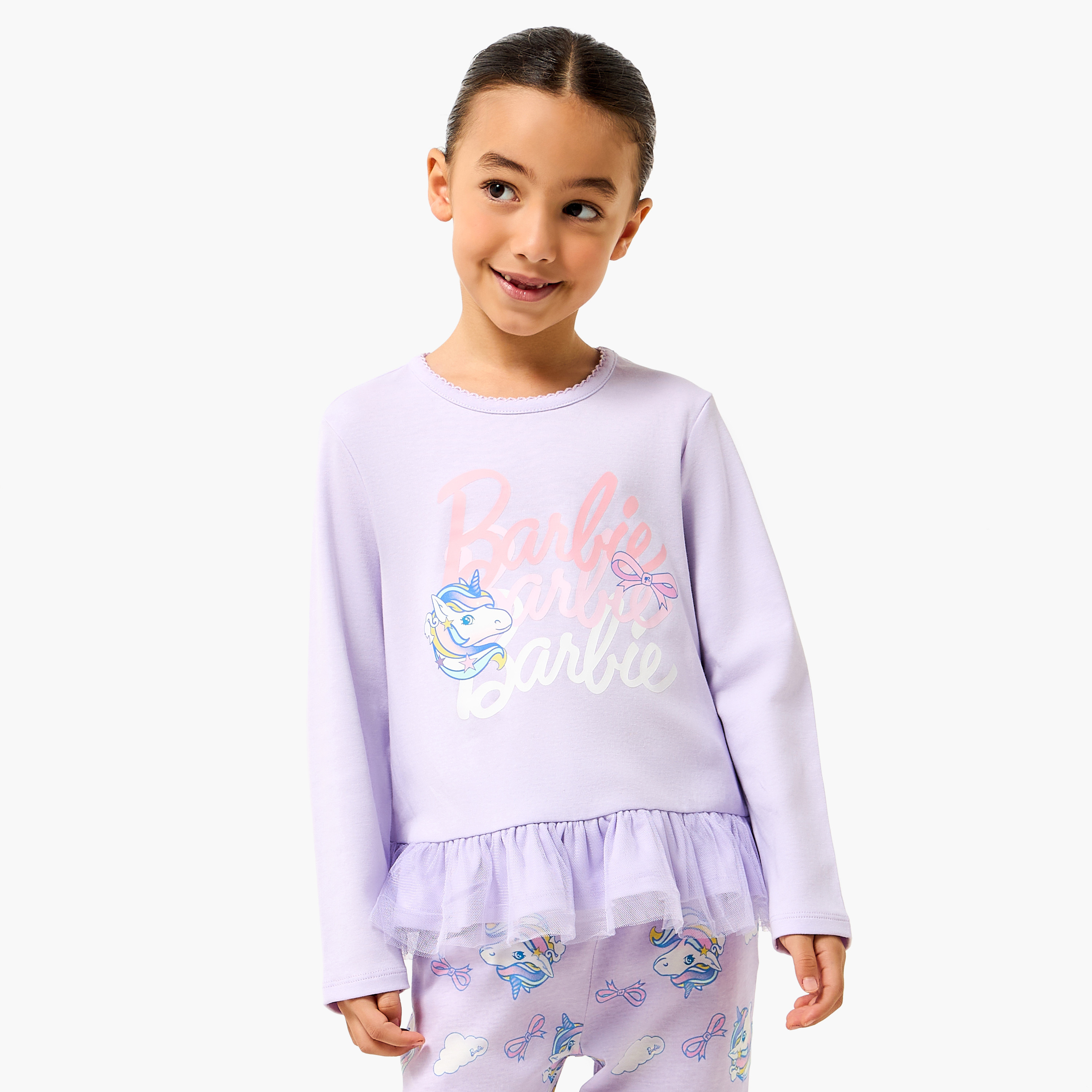 Cotton Crew Neck Long Sleeves Pyjama Set with Barbie Print-baby-girls-clothing-nightwear-pyjamasets-image-2