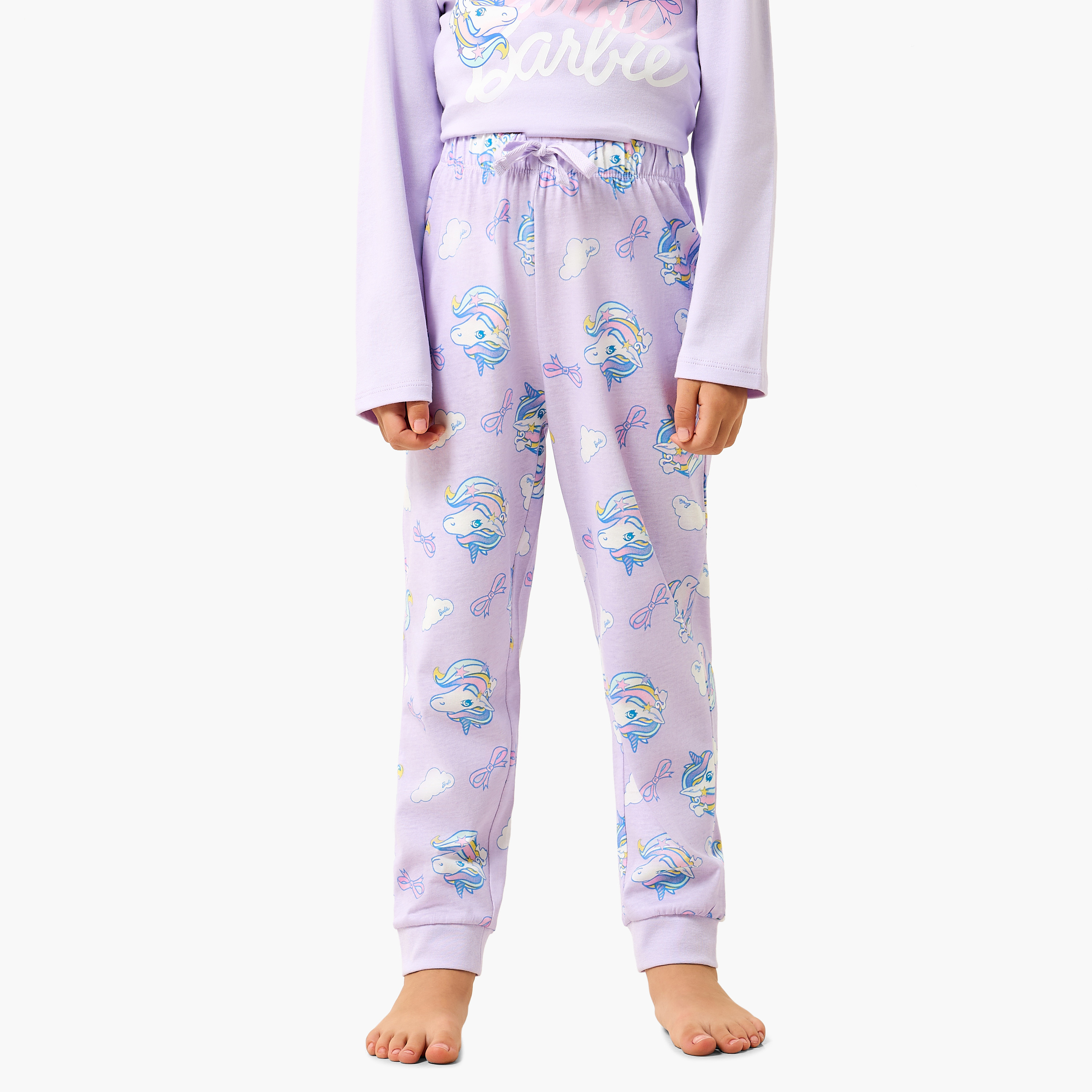 Cotton Crew Neck Long Sleeves Pyjama Set with Barbie Print-baby-girls-clothing-nightwear-pyjamasets-image-3