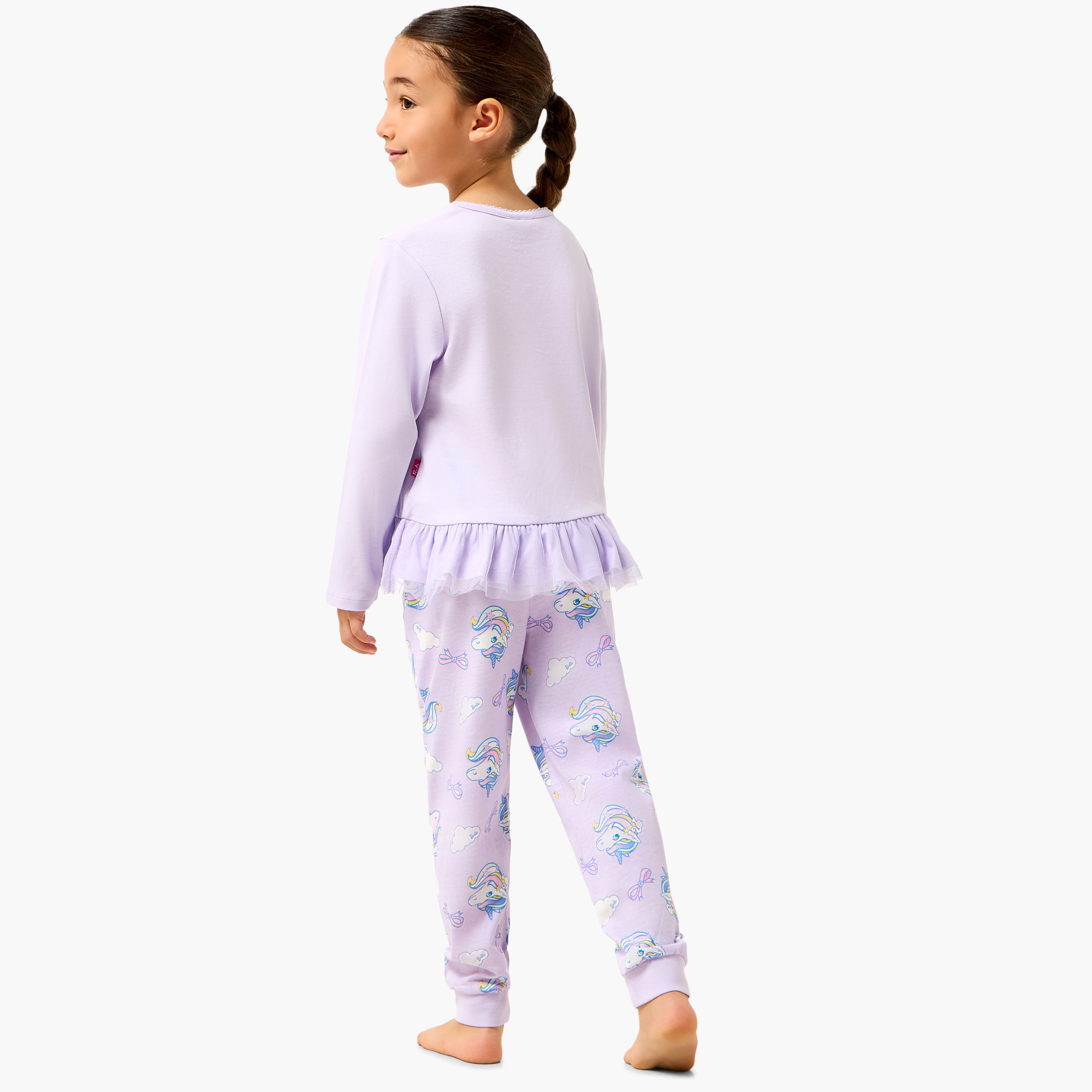 Cotton Crew Neck Long Sleeves Pyjama Set with Barbie Print-baby-girls-clothing-nightwear-pyjamasets-image-4