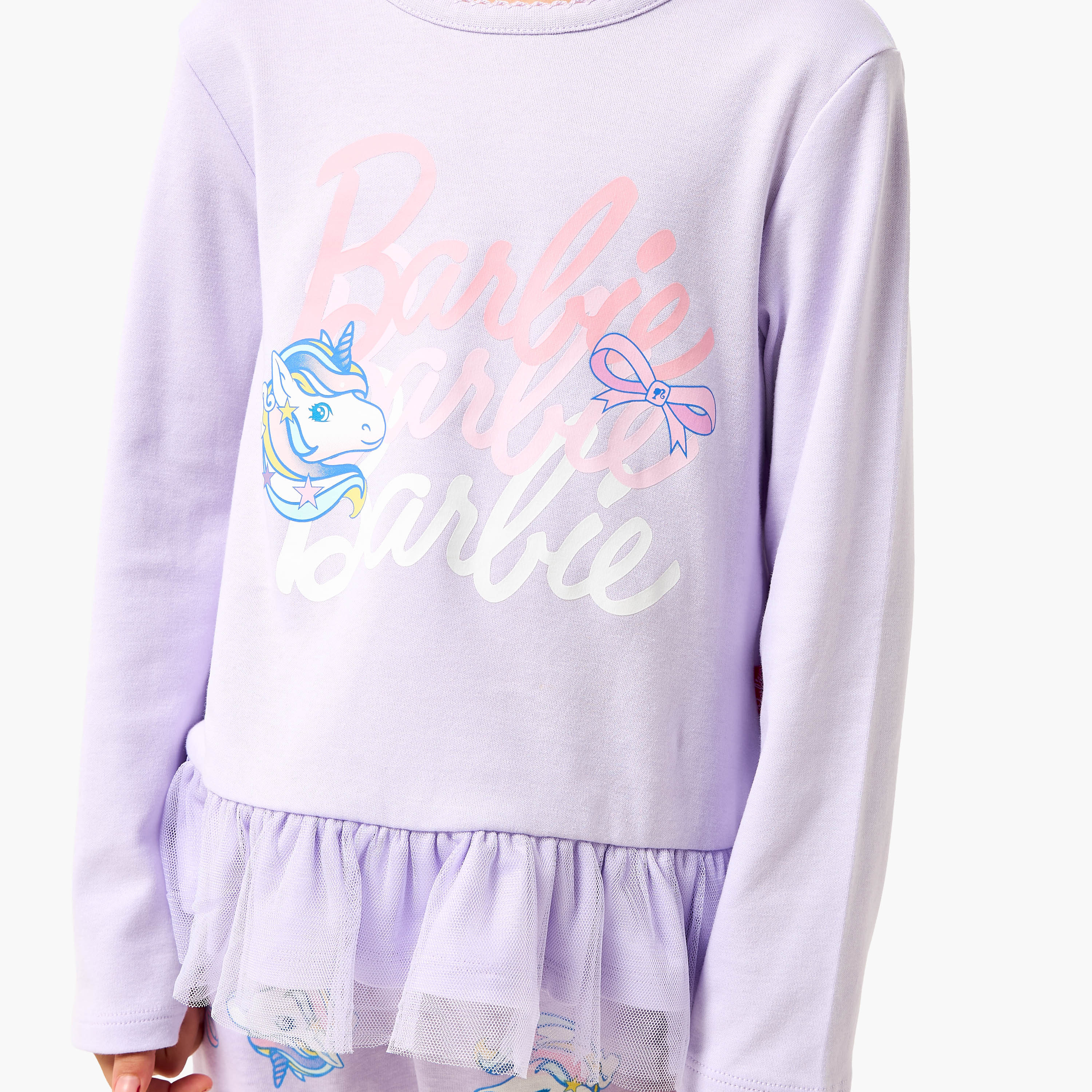 Cotton Crew Neck Long Sleeves Pyjama Set with Barbie Print-baby-girls-clothing-nightwear-pyjamasets-image-5