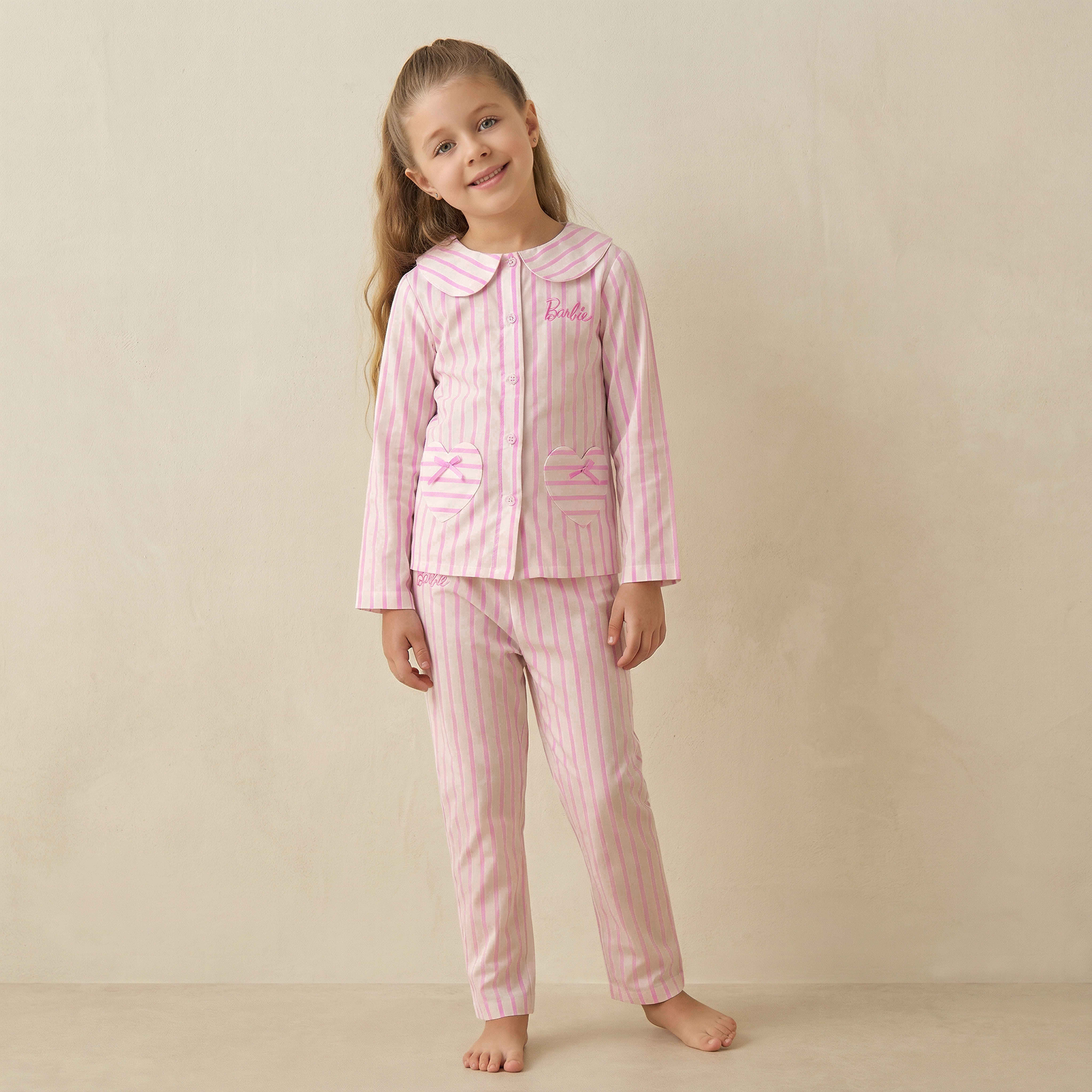 Cotton Peter Pan Collar Long Sleeves Pyjama Set with Barbie Embroidery-baby-girls-clothing-nightwear-pyjamasets-image-1