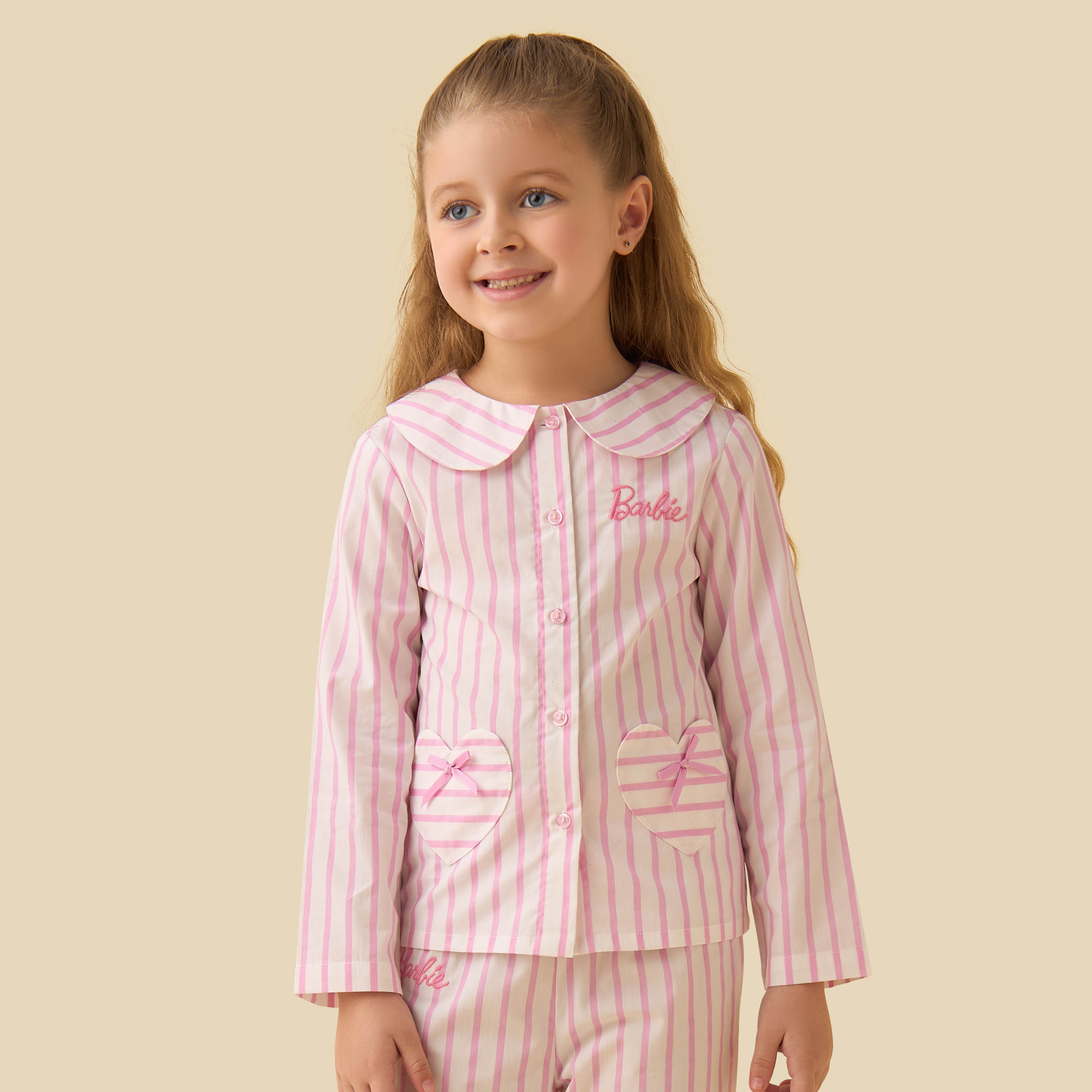 Cotton Peter Pan Collar Long Sleeves Pyjama Set with Barbie Embroidery-baby-girls-clothing-nightwear-pyjamasets-image-2