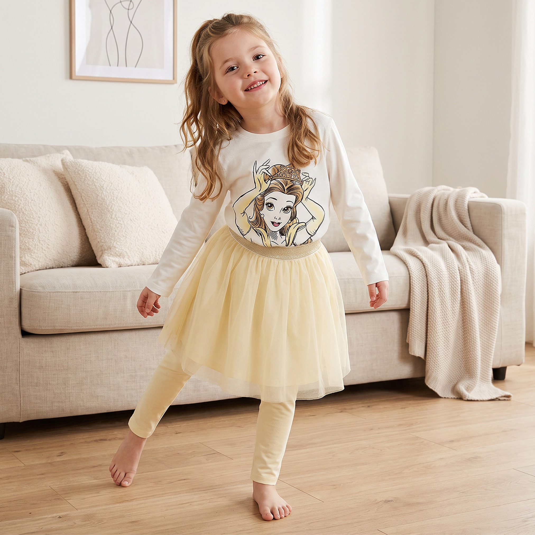 Disney Cotton Crew Neck Long Sleeves Pyjama Set with Princess Print-girls-clothing-nightwear-image-1