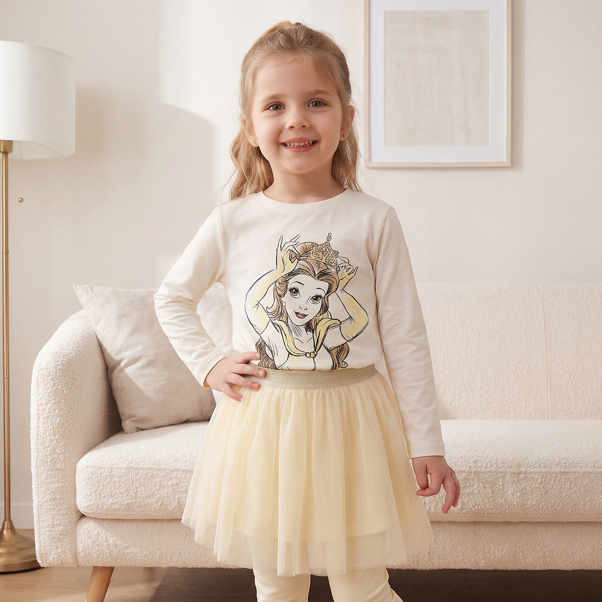 Disney Cotton Crew Neck Long Sleeves Pyjama Set with Princess Print-girls-clothing-nightwear-image-2