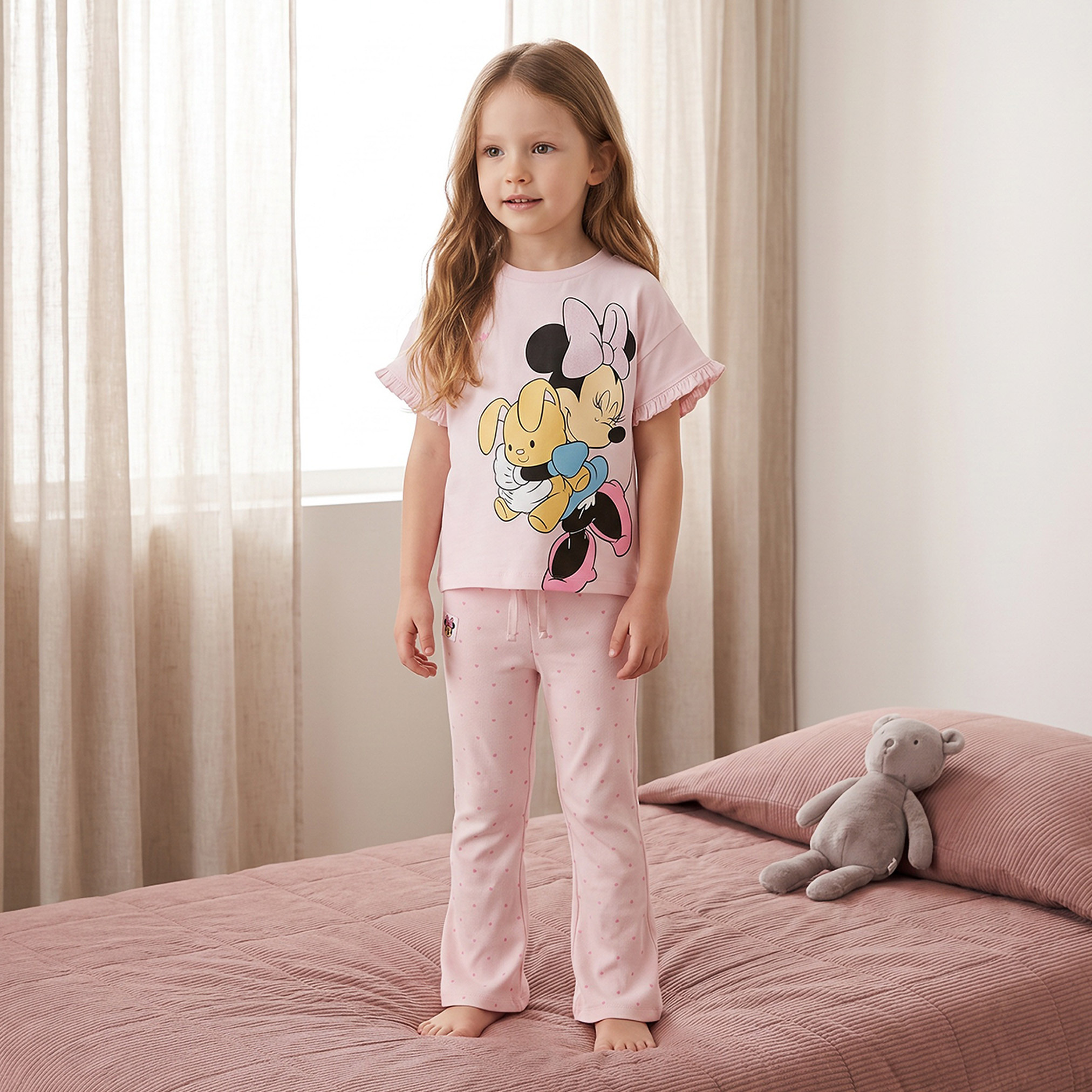 Disney Cotton Crew Neck Short Sleeves Pyjama Set with Minnie Mouse Print-girls-clothing-nightwear-image-1