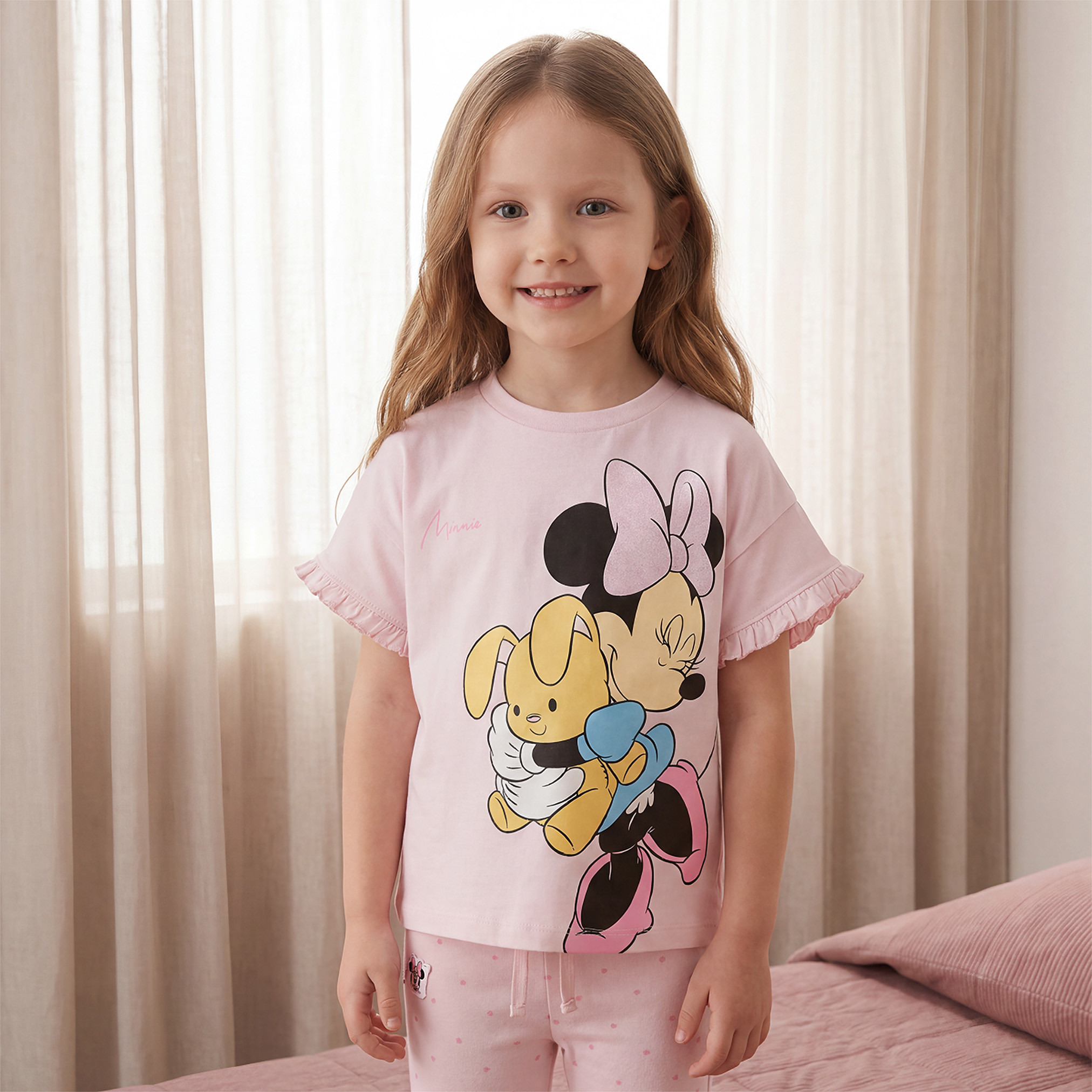 Disney Cotton Crew Neck Short Sleeves Pyjama Set with Minnie Mouse Print-girls-clothing-nightwear-image-2