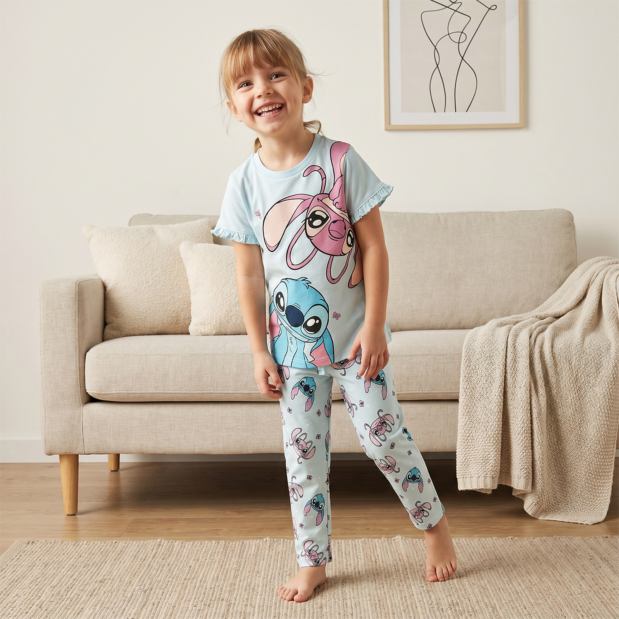 Disney Cotton Crew Neck Short Sleeves Pyjama Set with Angel and Stitch Print-girls-clothing-nightwear-image-1