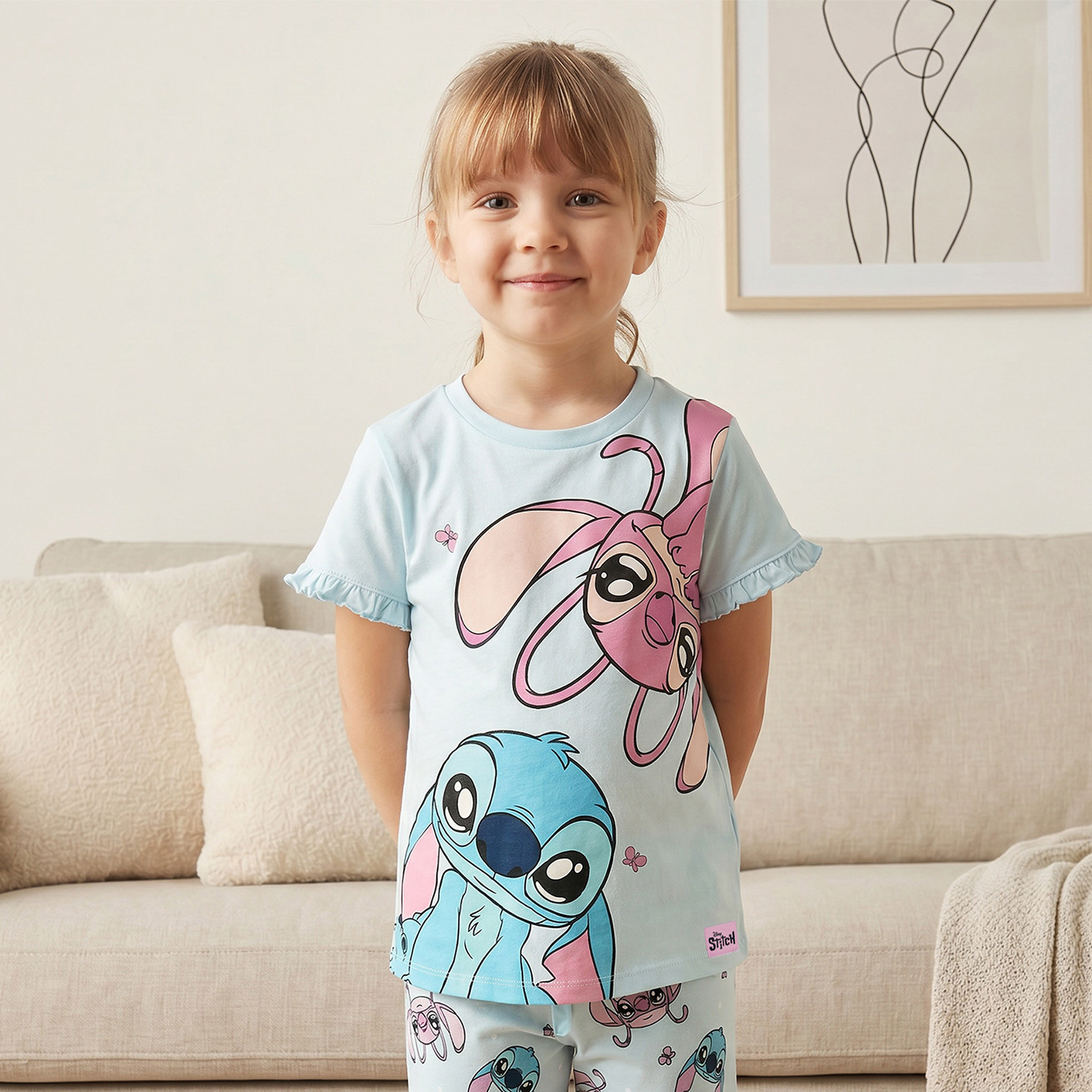 Disney Cotton Crew Neck Short Sleeves Pyjama Set with Angel and Stitch Print-girls-clothing-nightwear-image-2