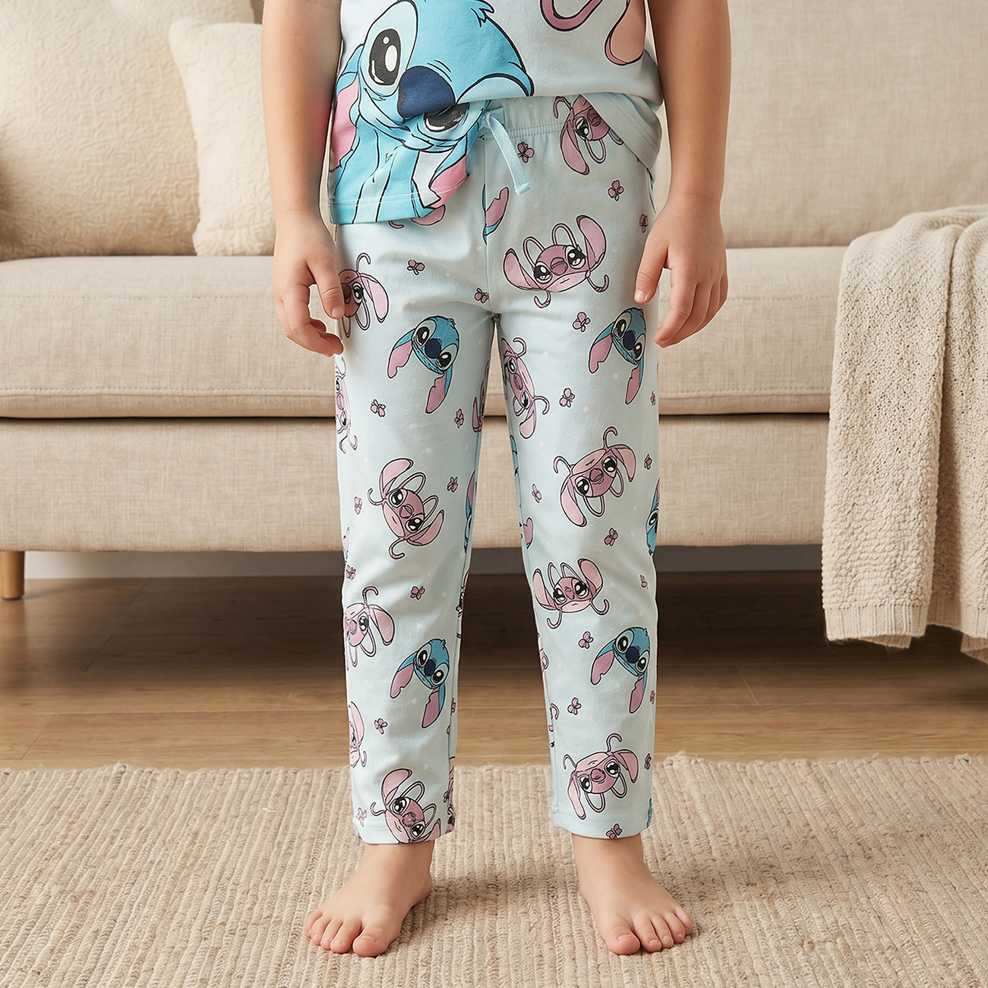 Disney Cotton Crew Neck Short Sleeves Pyjama Set with Angel and Stitch Print-girls-clothing-nightwear-image-3