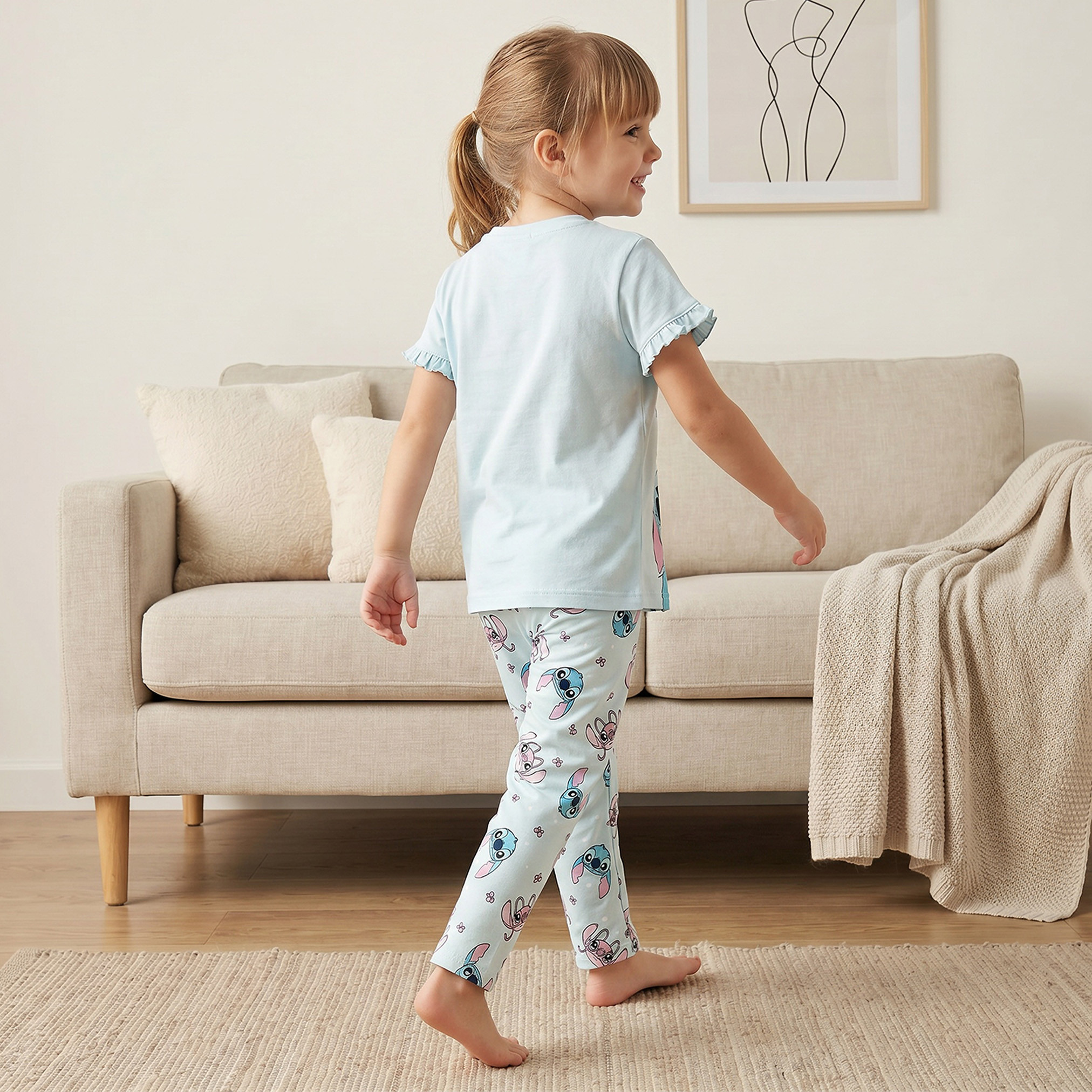 Disney Cotton Crew Neck Short Sleeves Pyjama Set with Angel and Stitch Print-girls-clothing-nightwear-image-4