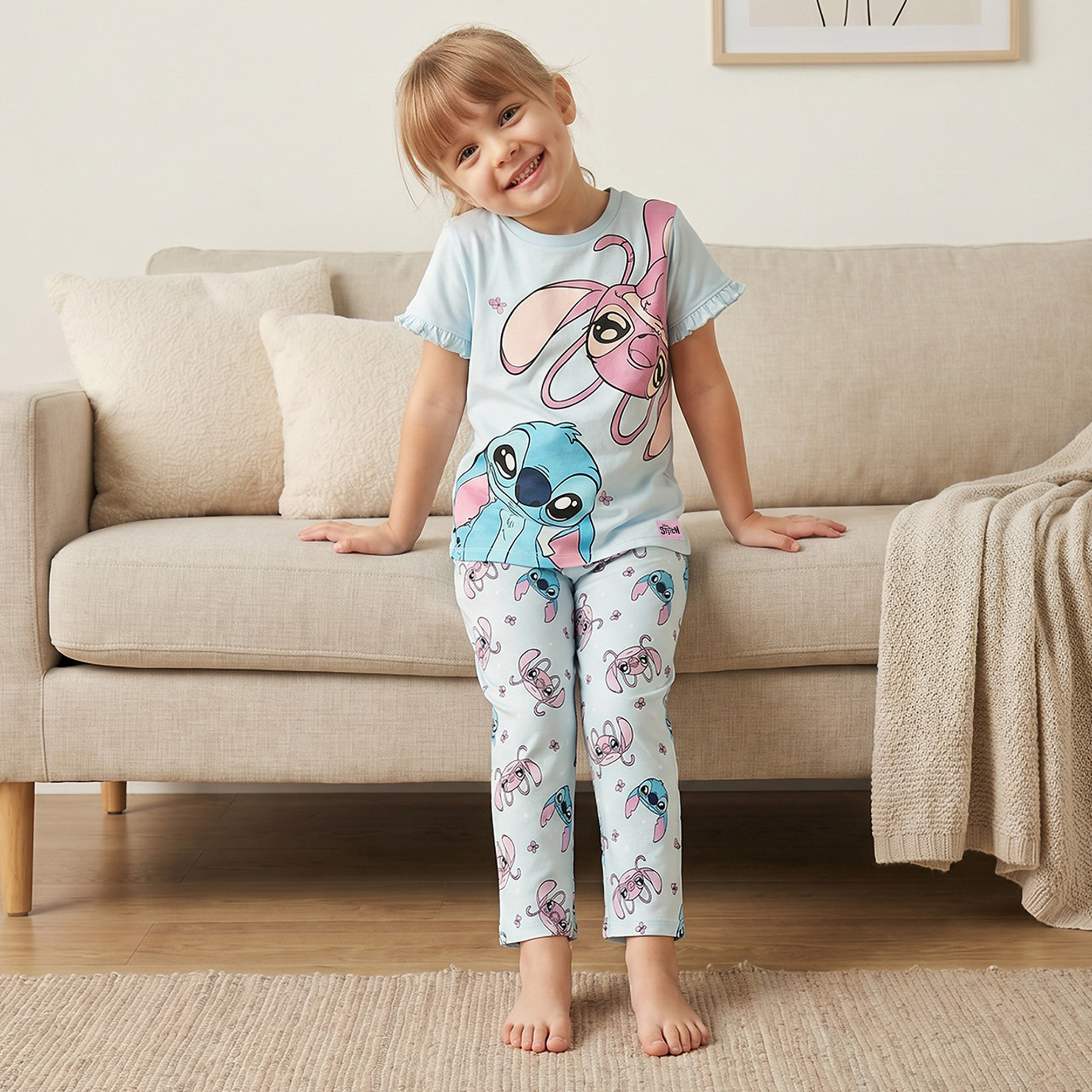 Disney Cotton Crew Neck Short Sleeves Pyjama Set with Angel and Stitch Print-girls-clothing-nightwear-image-7