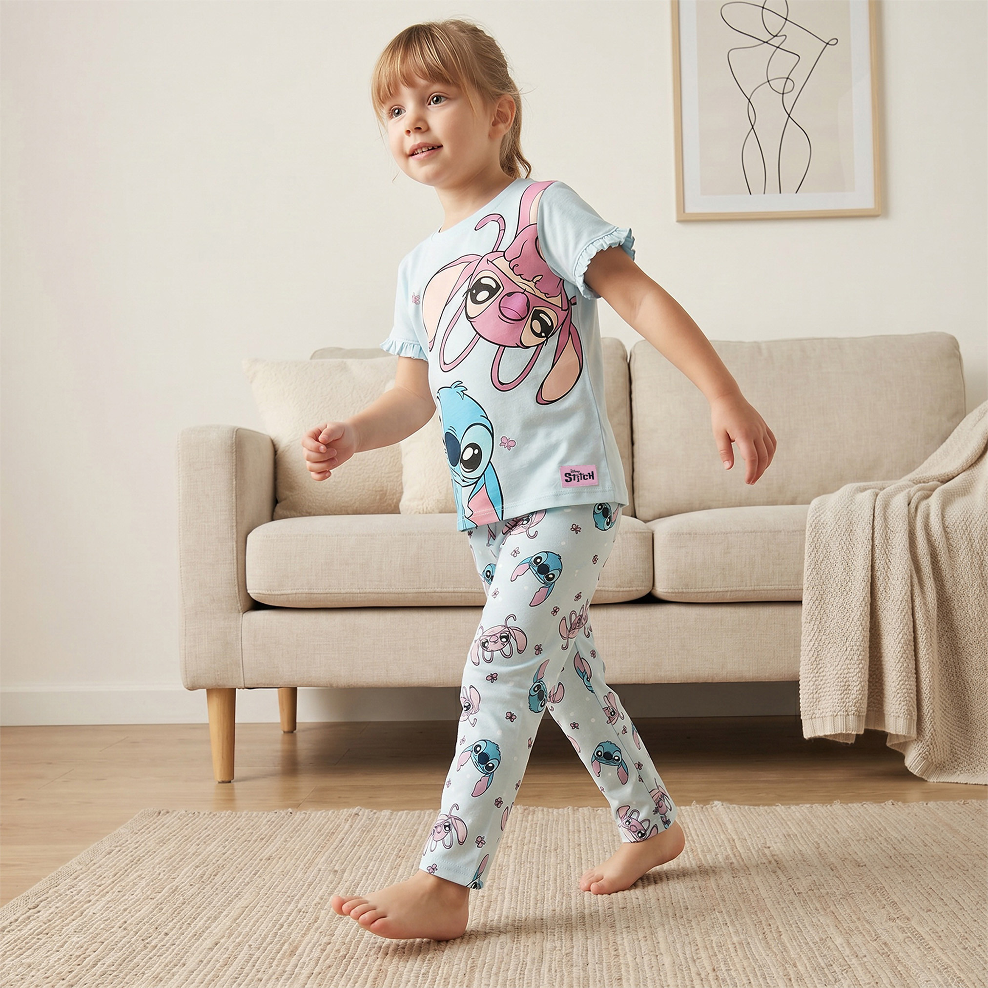 Disney Cotton Crew Neck Short Sleeves Pyjama Set with Angel and Stitch Print-girls-clothing-nightwear-image-8