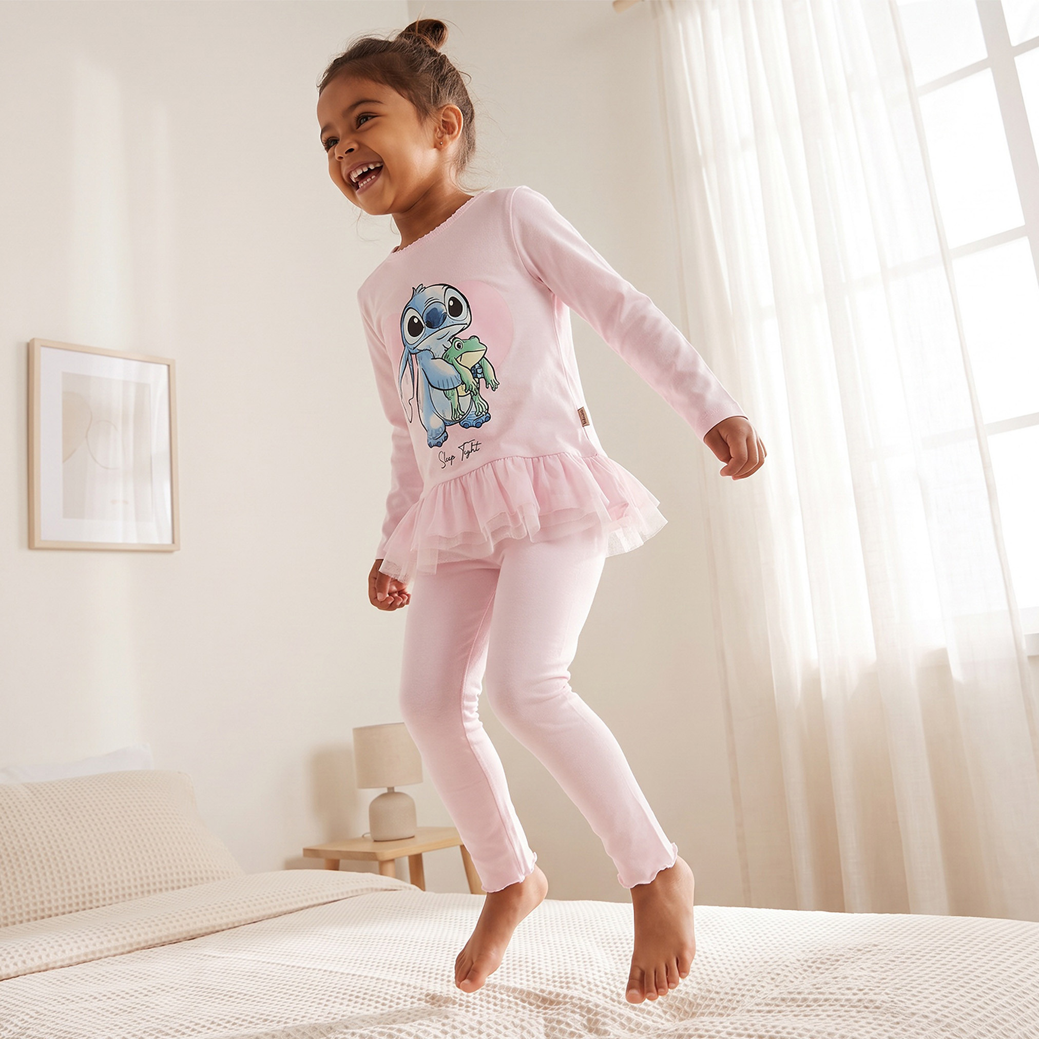 Disney Cotton Crew Neck Long Sleeves Pyjama Set with Stitch Print-girls-clothing-nightwear-image-1