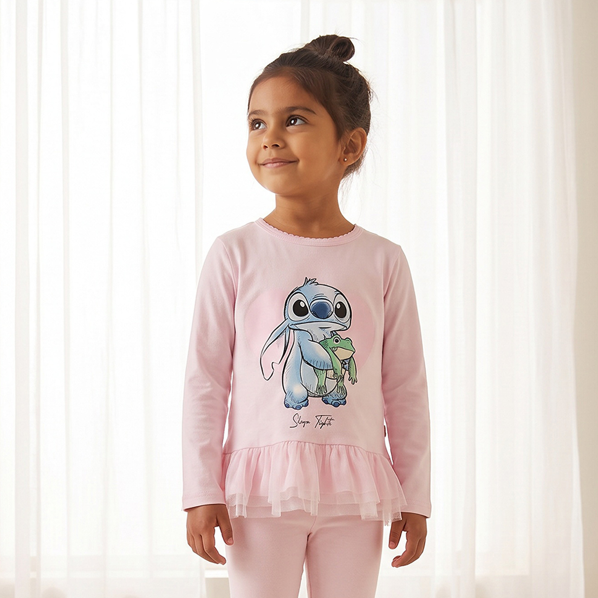 Disney Cotton Crew Neck Long Sleeves Pyjama Set with Stitch Print-girls-clothing-nightwear-image-2