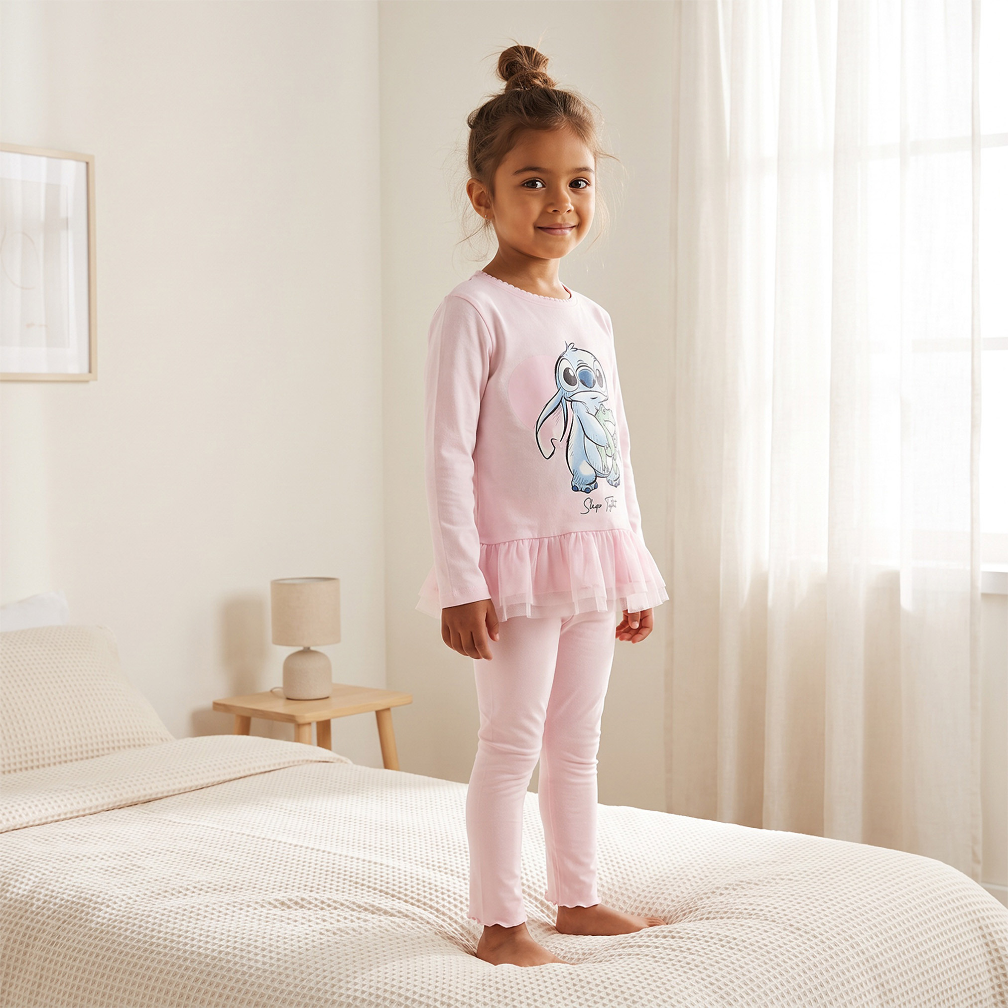 Disney Cotton Crew Neck Long Sleeves Pyjama Set with Stitch Print-girls-clothing-nightwear-image-7