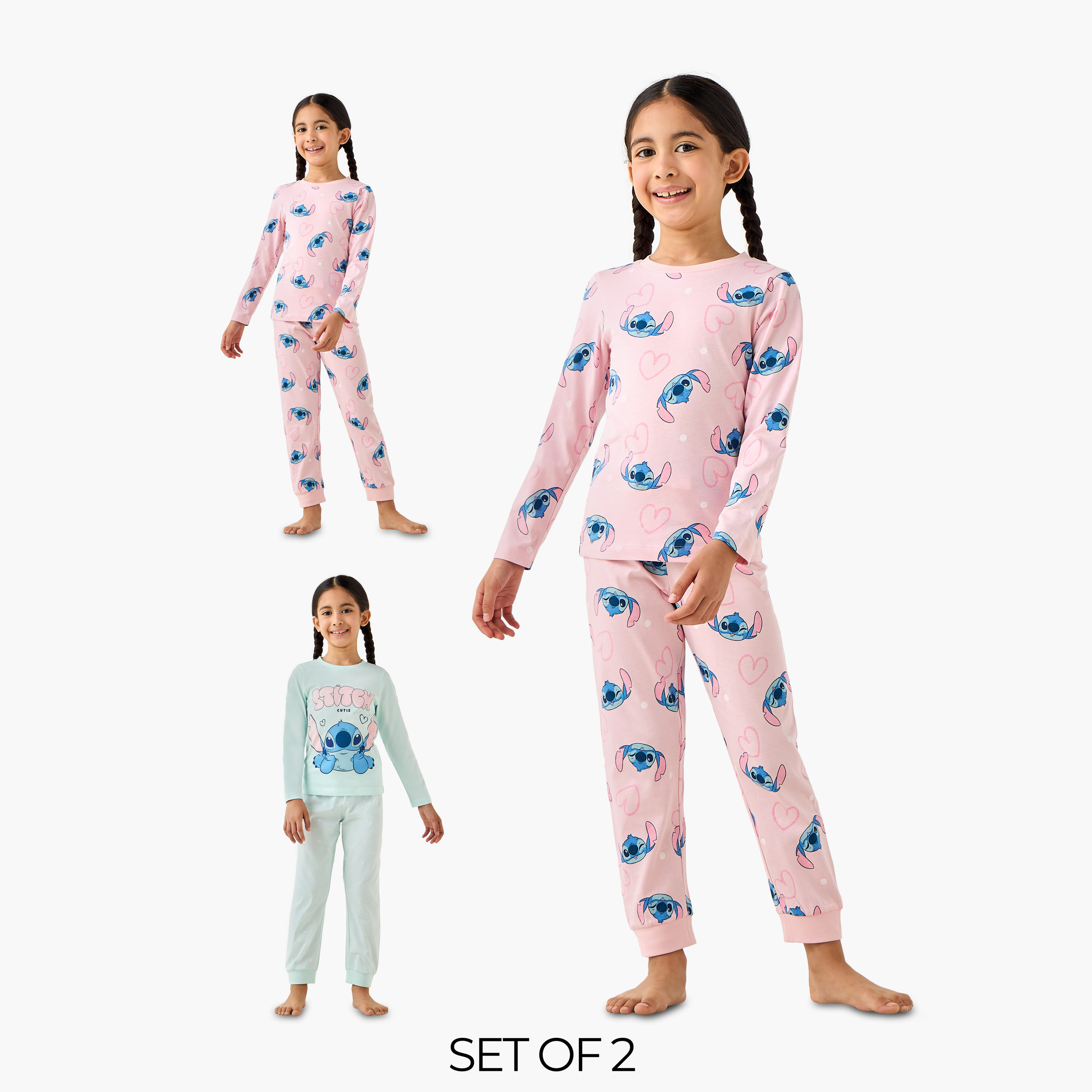 Pack of 2 Disney Cotton Round Neck Long Sleeves Pyjama Set with Stitch Print-girls-clothing-nightwear-image-1