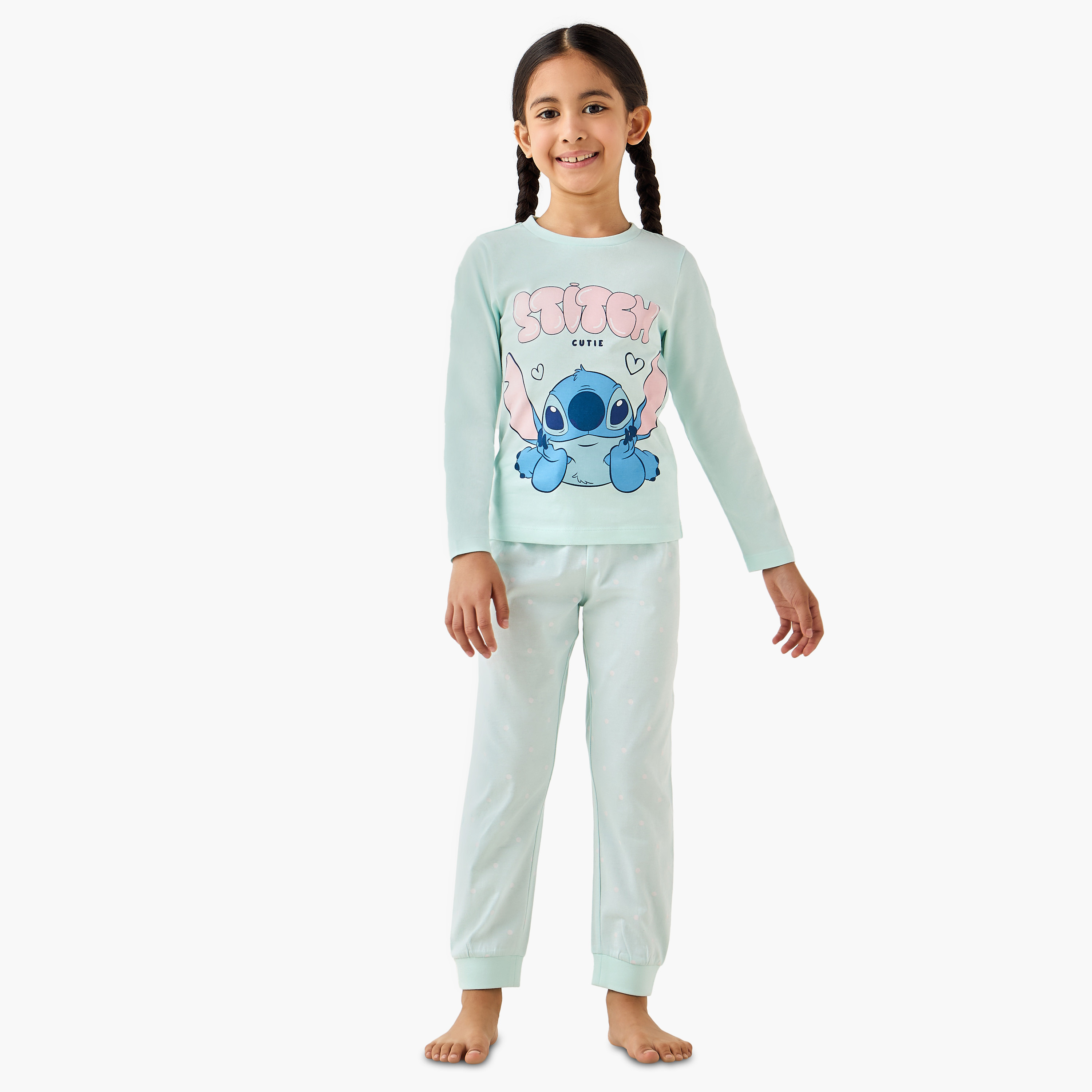 Pack of 2 Disney Cotton Round Neck Long Sleeves Pyjama Set with Stitch Print-girls-clothing-nightwear-image-2