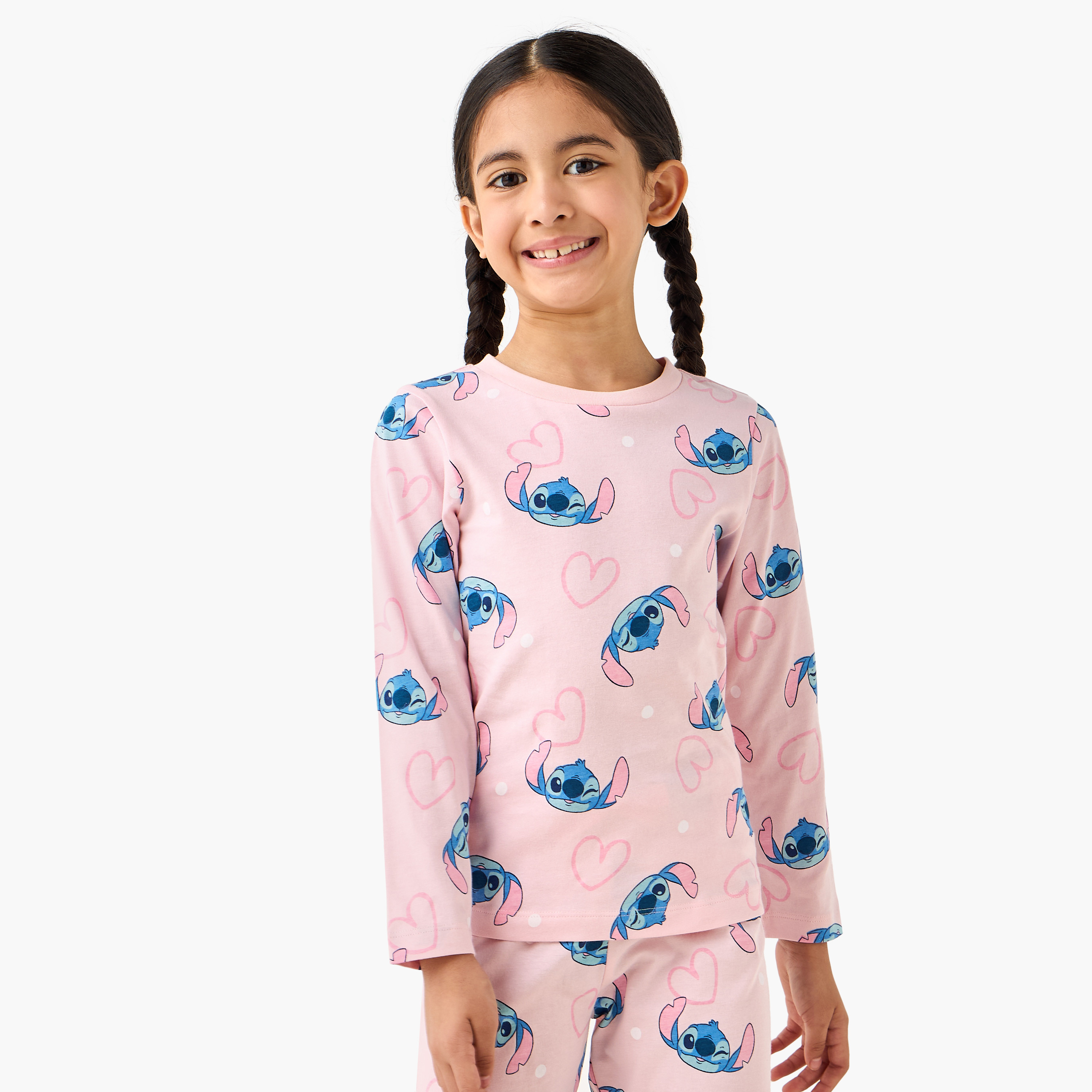 Pack of 2 Disney Cotton Round Neck Long Sleeves Pyjama Set with Stitch Print-girls-clothing-nightwear-image-3