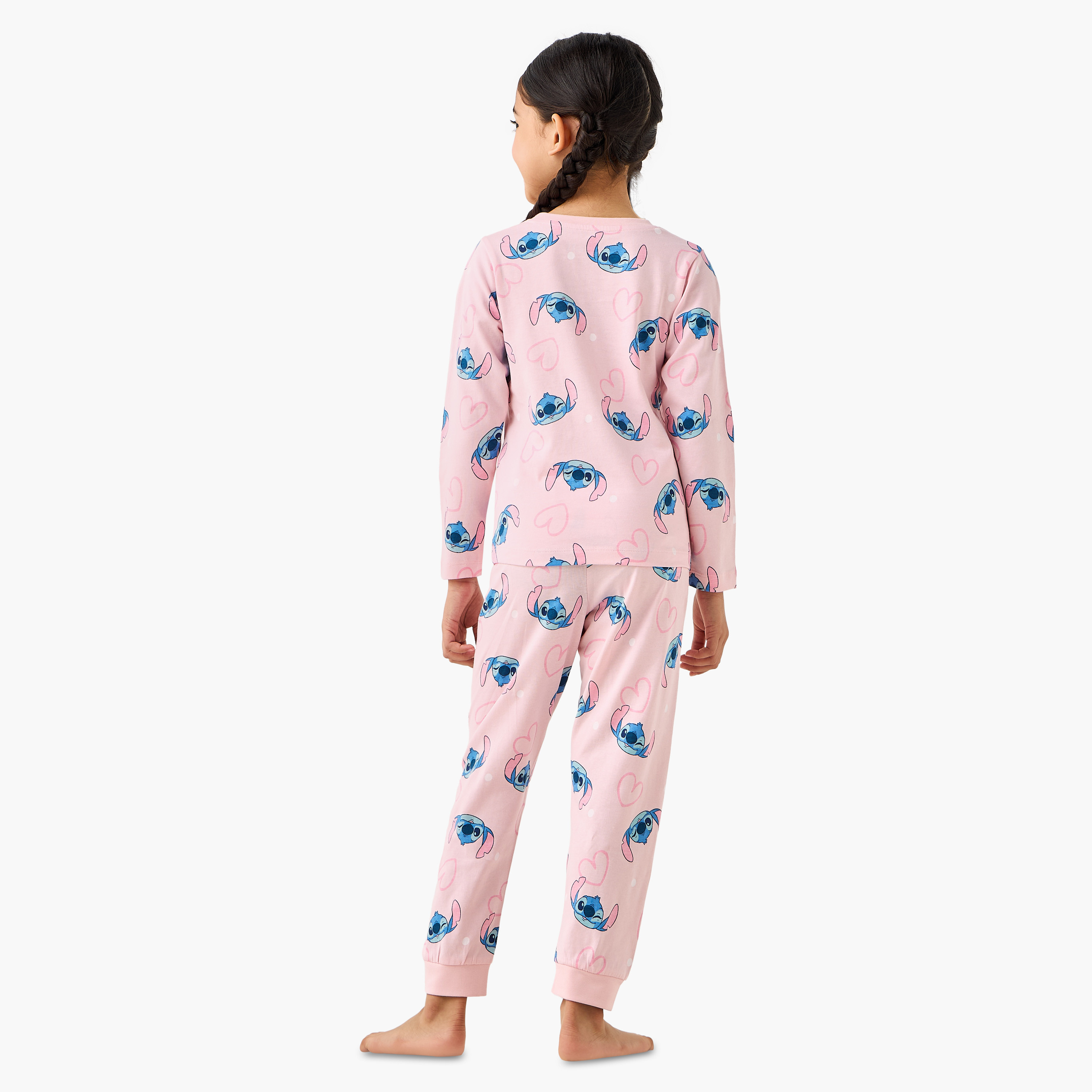 Pack of 2 Disney Cotton Round Neck Long Sleeves Pyjama Set with Stitch Print-girls-clothing-nightwear-image-5