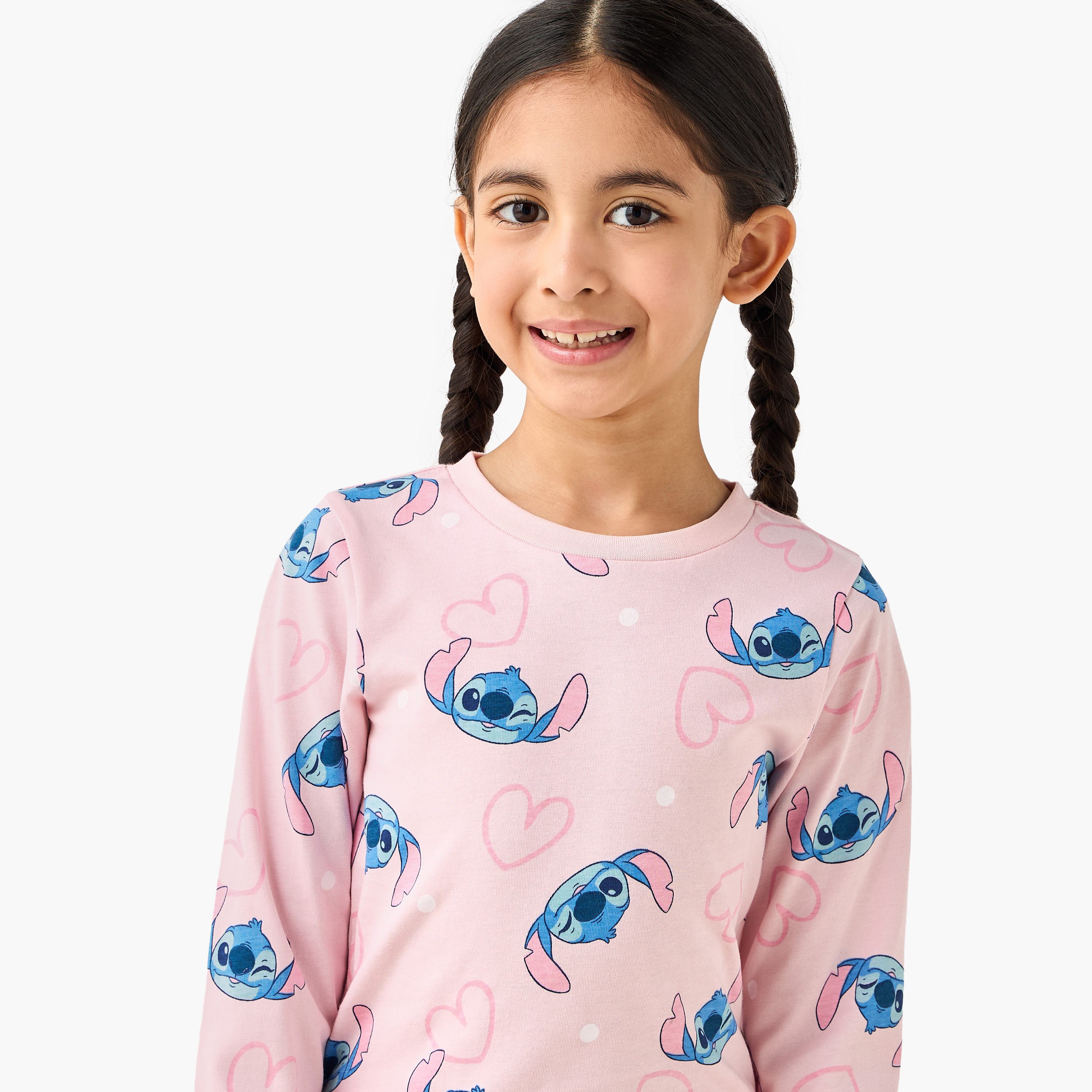 Pack of 2 Disney Cotton Round Neck Long Sleeves Pyjama Set with Stitch Print-girls-clothing-nightwear-image-6