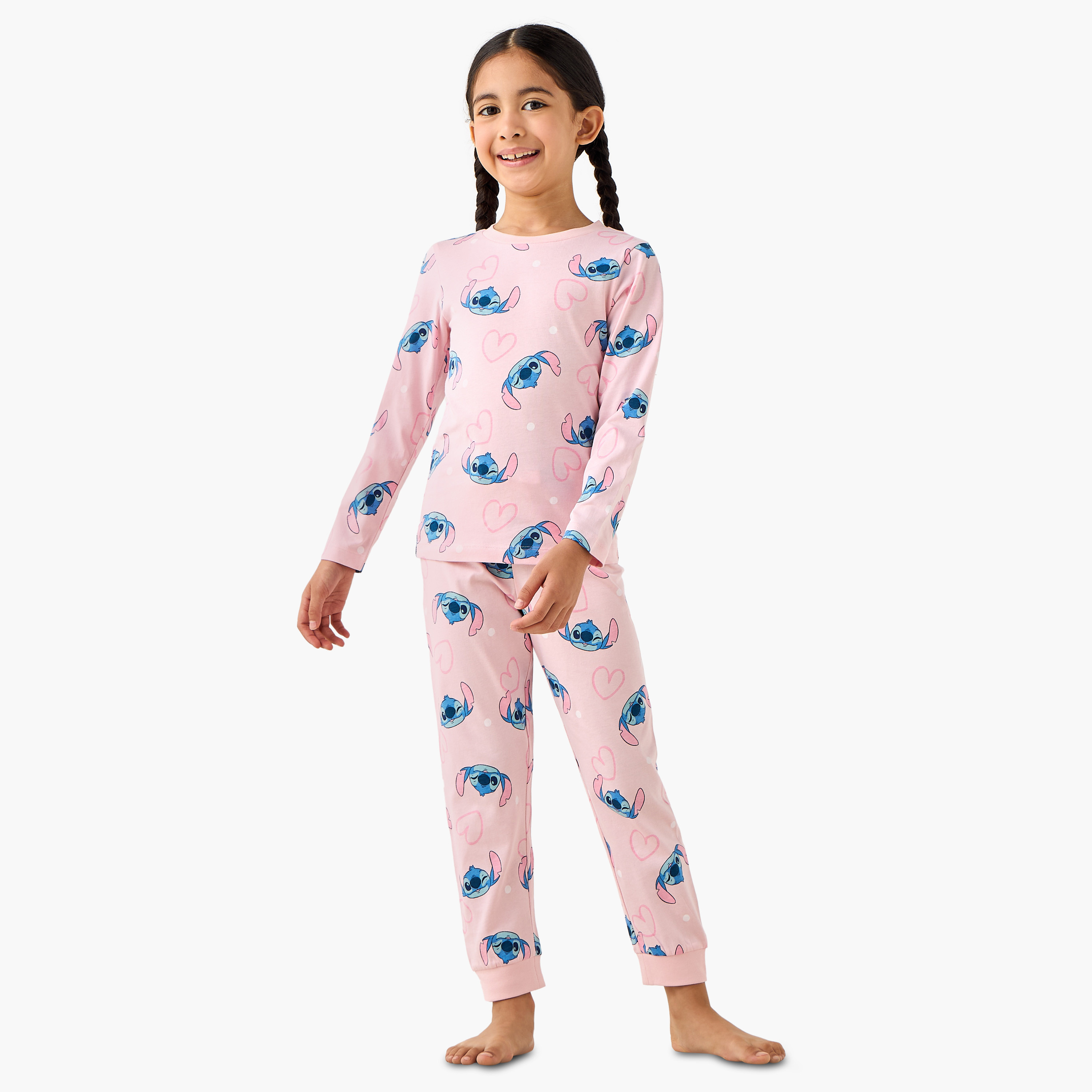 Pack of 2 Disney Cotton Round Neck Long Sleeves Pyjama Set with Stitch Print-girls-clothing-nightwear-image-8
