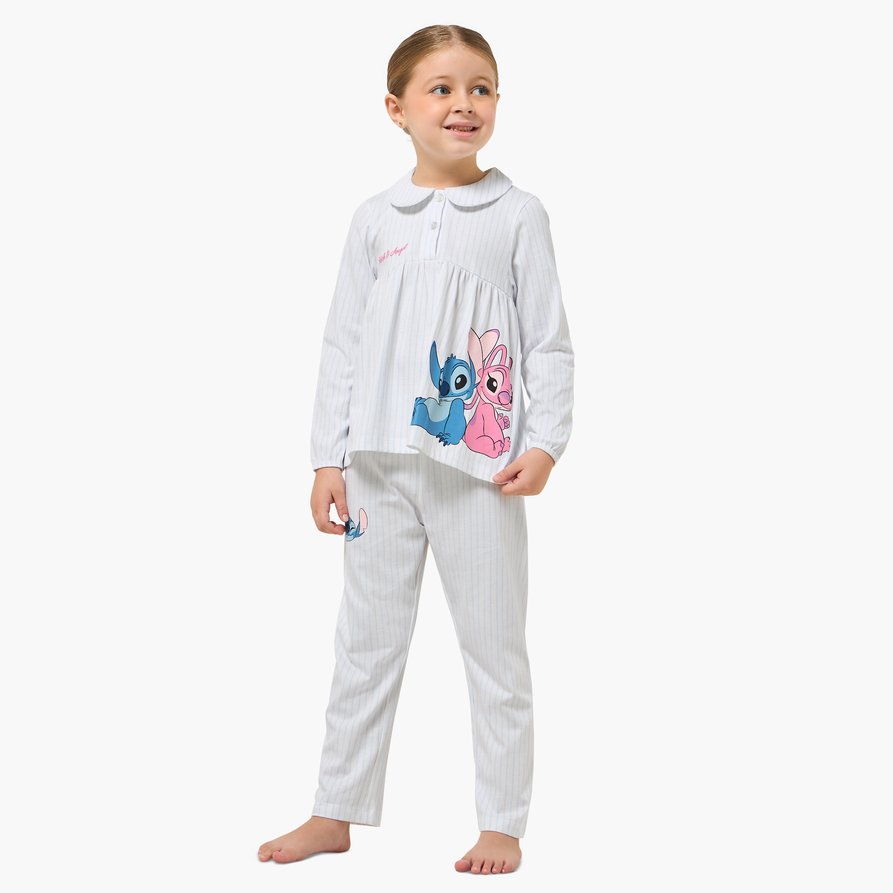 طقم بيجاما قطن بطبعات آنجل وستيتش وياقة بيتر بان وأكمام طويلة من ديزني-baby-girls-clothing-nightwear-pyjamasets-image-6