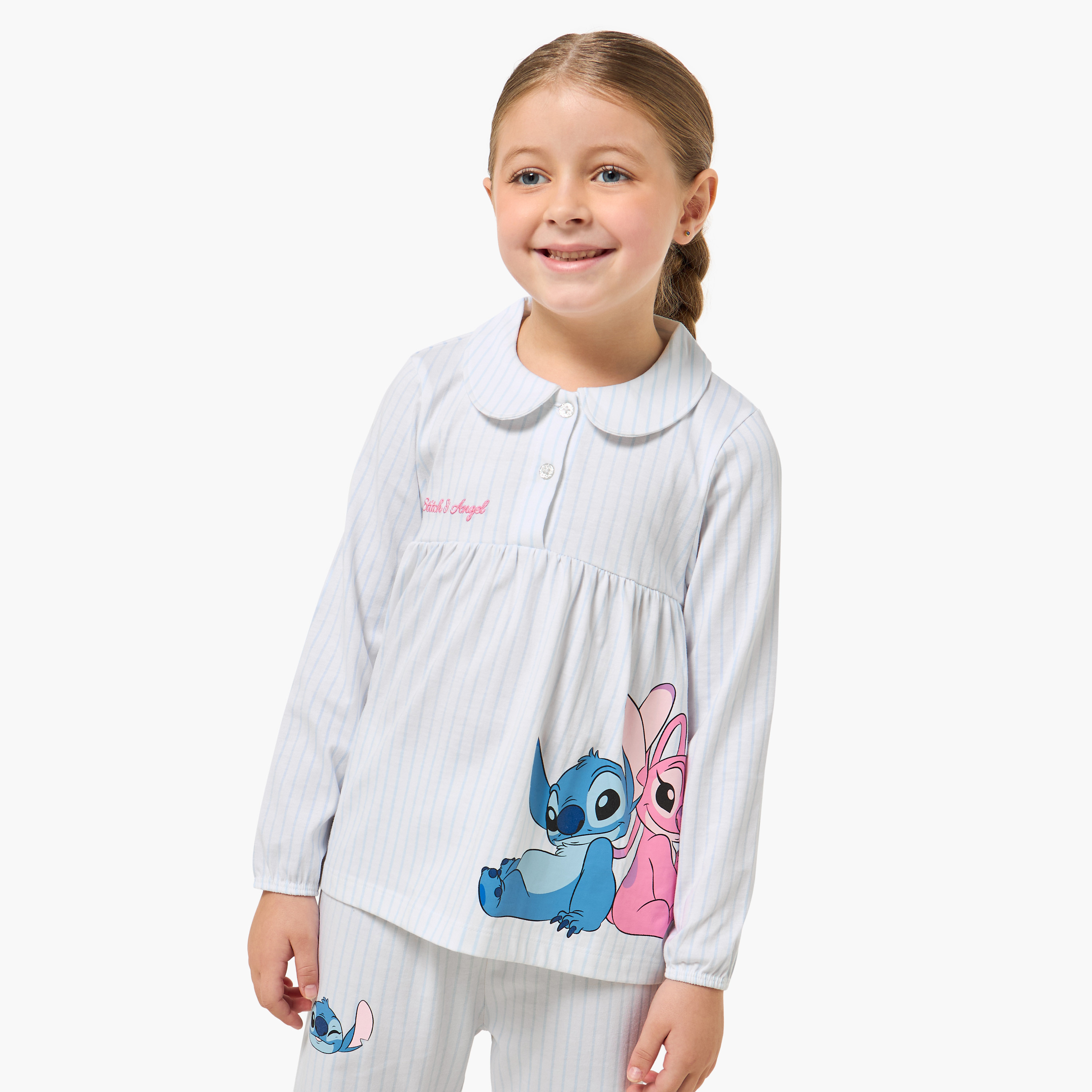 طقم بيجاما قطن بطبعات آنجل وستيتش وياقة بيتر بان وأكمام طويلة من ديزني-baby-girls-clothing-nightwear-pyjamasets-image-5