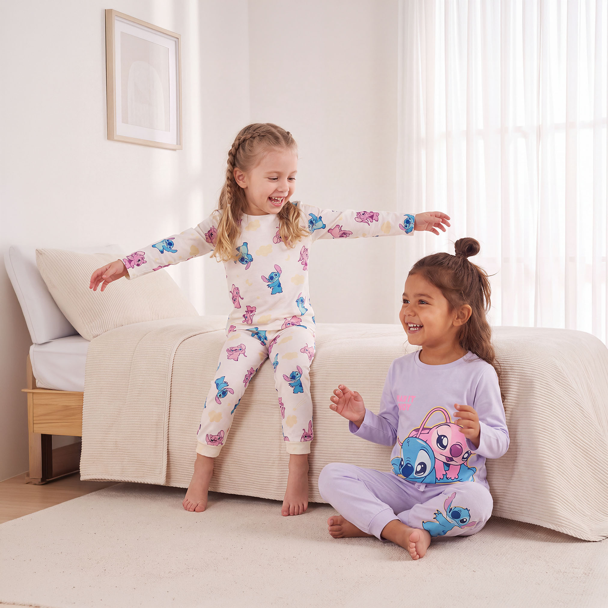 Pack of 2 Disney Cotton Crew Neck Long Sleeves Pyjama Set with Stitch and Angel Print-girls-clothing-nightwear-image-1
