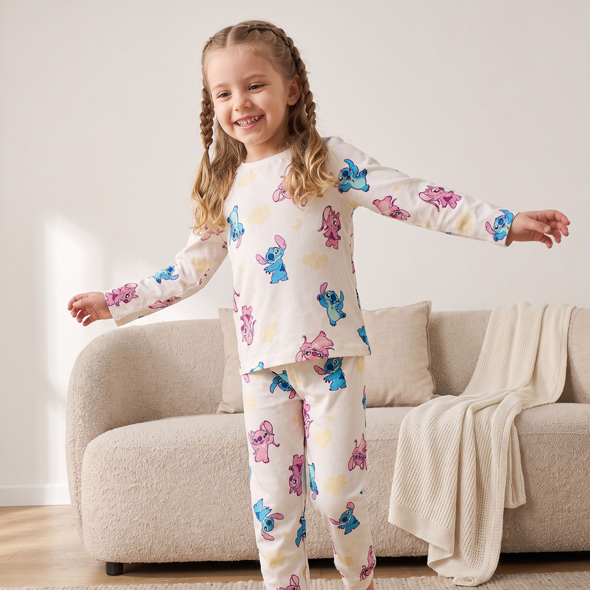 Pack of 2 Disney Cotton Crew Neck Long Sleeves Pyjama Set with Stitch and Angel Print-girls-clothing-nightwear-image-2