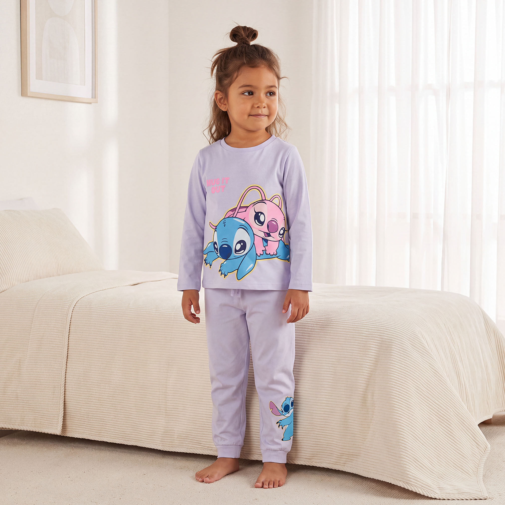 Pack of 2 Disney Cotton Crew Neck Long Sleeves Pyjama Set with Stitch and Angel Print-girls-clothing-nightwear-image-3
