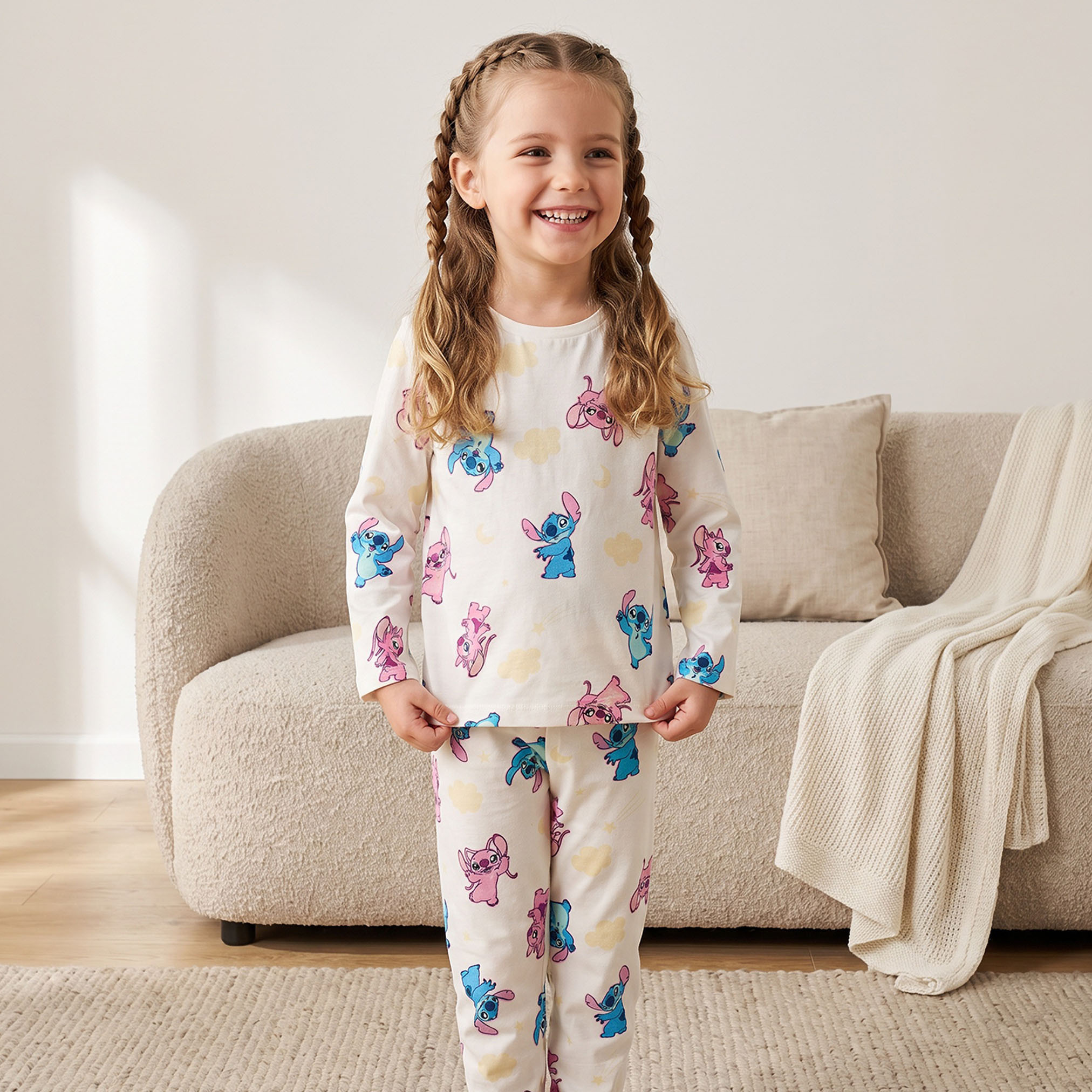 Pack of 2 Disney Cotton Crew Neck Long Sleeves Pyjama Set with Stitch and Angel Print-girls-clothing-nightwear-image-4
