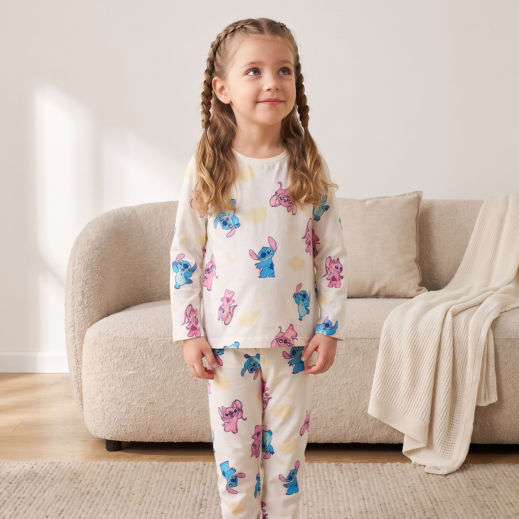 Pack of 2 Disney Cotton Crew Neck Long Sleeves Pyjama Set with Stitch and Angel Print-girls-clothing-nightwear-image-7