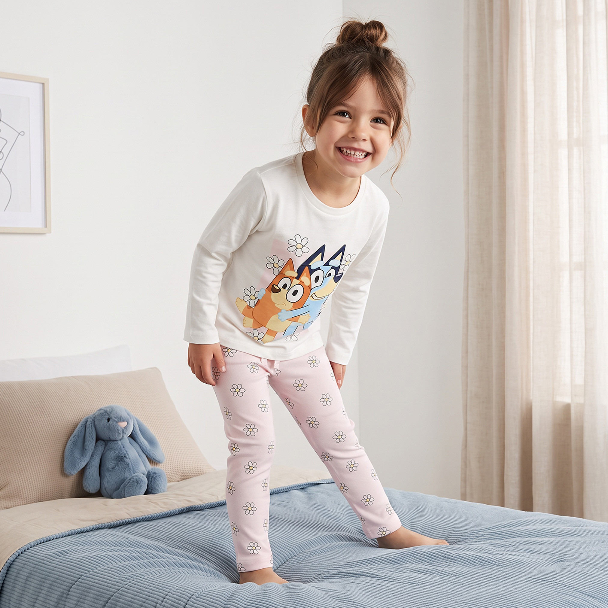 Bluey Cotton Crew Neck Long Sleeves Pyjama Set with Bluey and Bingo Print-girls-clothing-nightwear-image-1