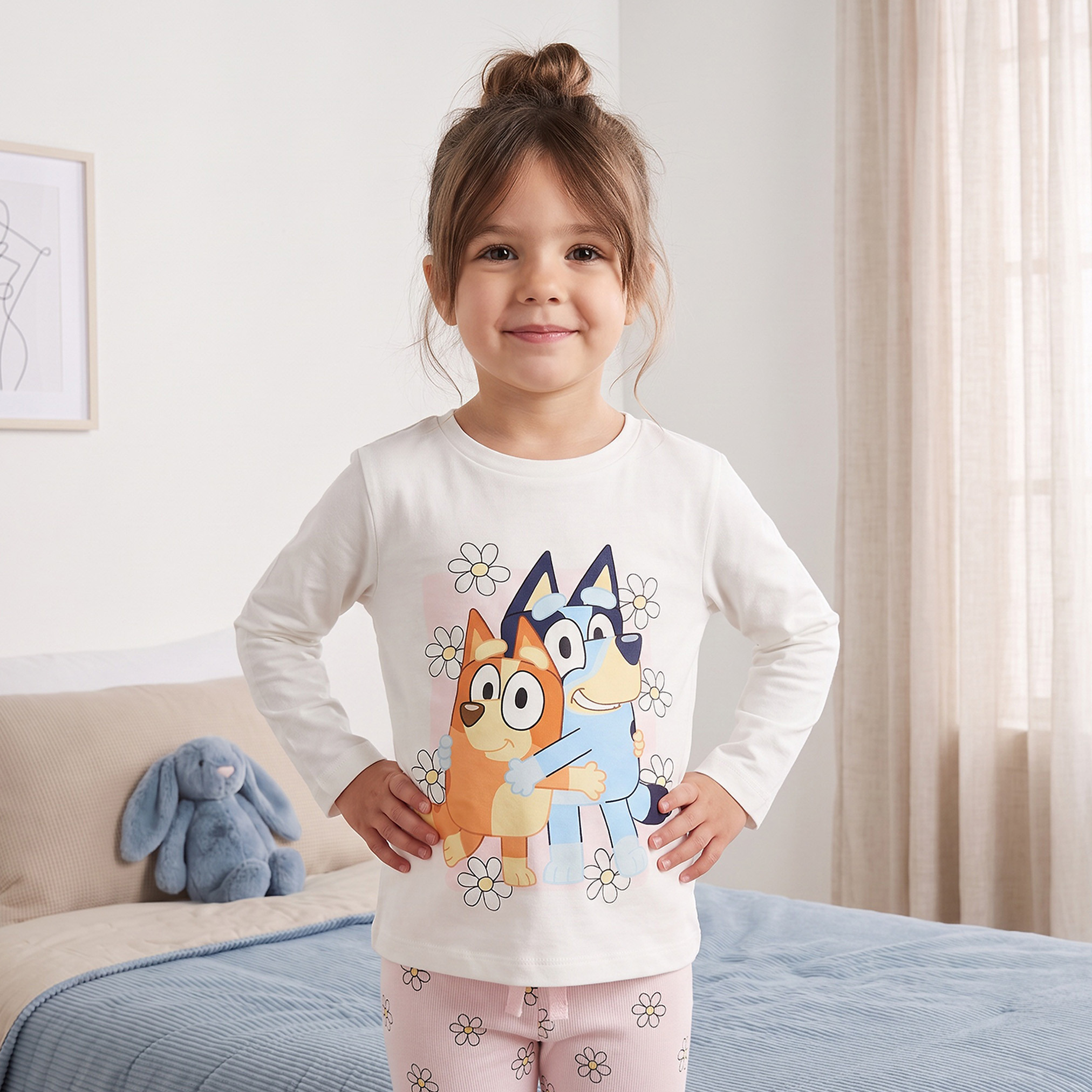 Bluey Cotton Crew Neck Long Sleeves Pyjama Set with Bluey and Bingo Print-girls-clothing-nightwear-image-2