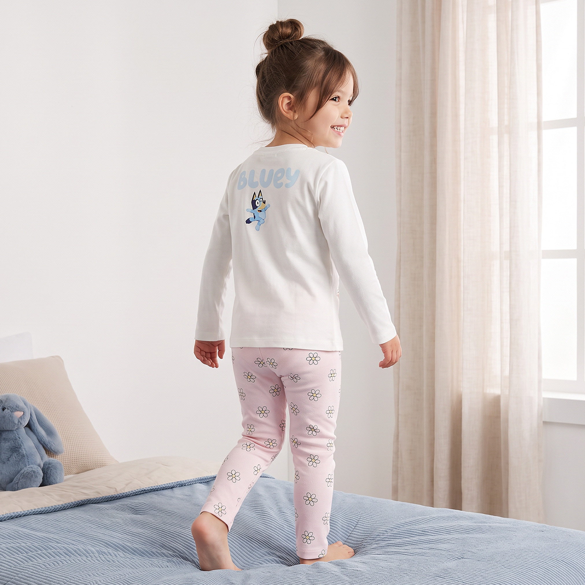 Bluey Cotton Crew Neck Long Sleeves Pyjama Set with Bluey and Bingo Print-girls-clothing-nightwear-image-4