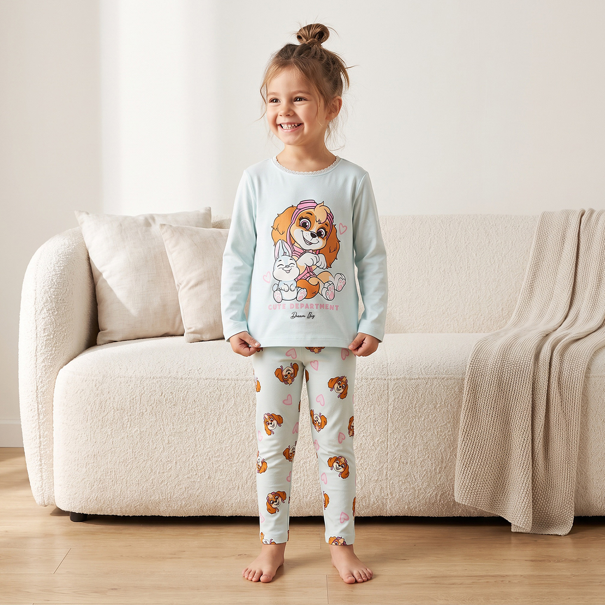 طقم بيجاما قطني بياقة مستديرة وأكمام طويلة بطبعة سكاي-girls-clothing-nightwear-image-1